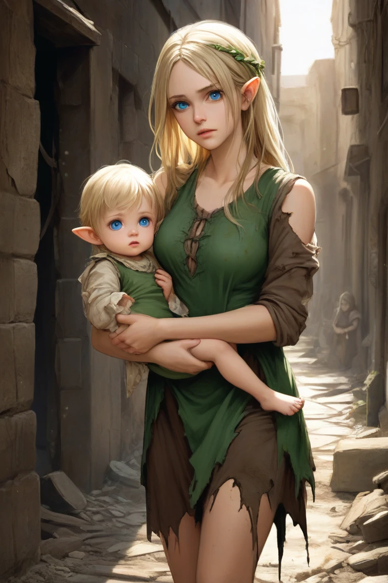 Guerreira viking, mulher treinada, com corpo escultural, malhada bem definida, dressed as a northern heroine holding a fragile and sad child. Salvamento em meio a um acampamento em chamas.