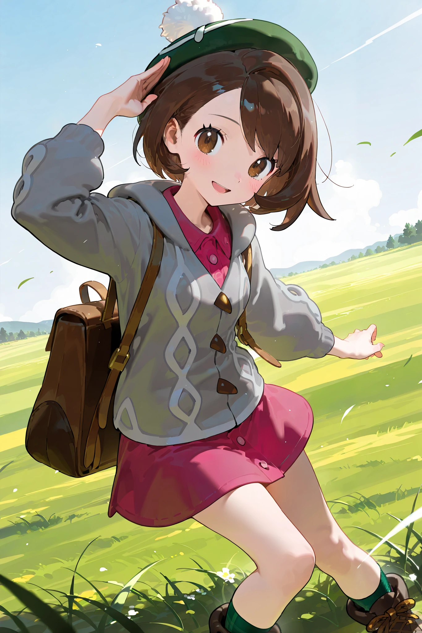 masterpiece, best quality, highres, gloria1, 1girl, gloria \(pokemon\), brown hair, solo, backpack, brown eyes, tam o' shanter, grey cardigan, pink dress, short hair, green socks, socks, brown bag, bob cut, bangs, long sleeves, collared dress, field, grass,cowboy shot, boots,smile,dynamic pose,looking at viewer,open mouth,dynamic angle,blush