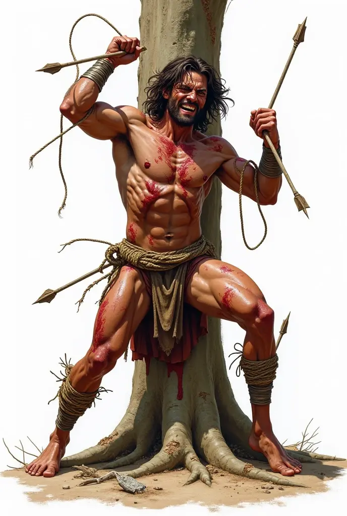 Muscular indian wrestler stomping on chest opponent with brown leather shoes in victory pose.
