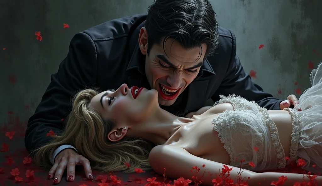 image of a sexy vampire man, biting a girl&#39;s neck from behind her, blood runs down the neck, she has long blonde hair, She has an expression of desire on her face with her lips parted, he is behind her, she's looking at the camera 