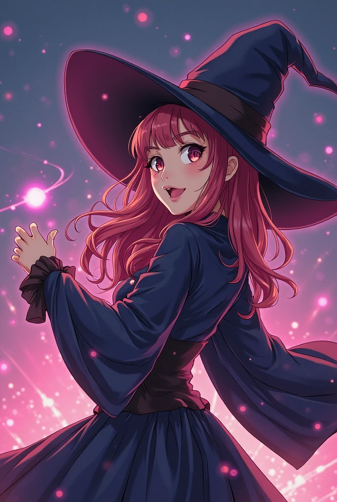 (masterpiece:1.2), (The best quality:1.2), perfect lighting, Dark Magician Girl casting a spell, in battle, Fight a red-skinned dragon..in his twenties, floating in the air, visible medium tits, transparent neckline, blue robe, big hat, from above, Sparkles, Yugioh game, The magic of the heart. LIGHTS OF THE HEART, romantic heart. dragon battle