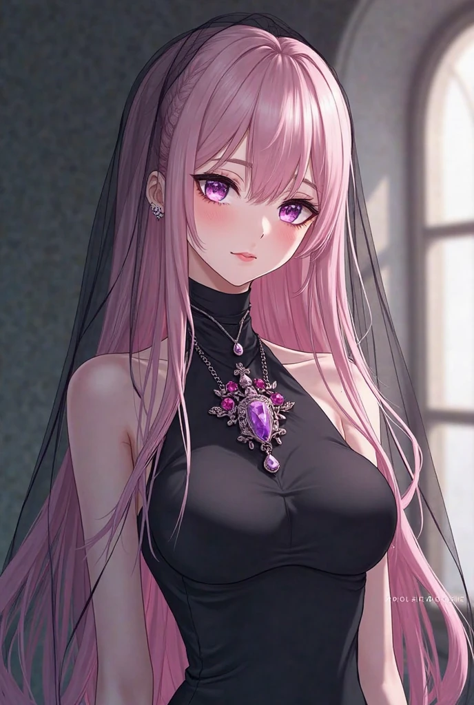 (best quality), ultra res, highly detailed, turned at viewer, anime style, (face shoot), long hair, white hair with lilac at the ends, black bikini, (looking at viewer), pink heart necklace, straight hair, black clothes, a pink heart tattoo on right cheek, lace dress, black lace, girl, clear face.