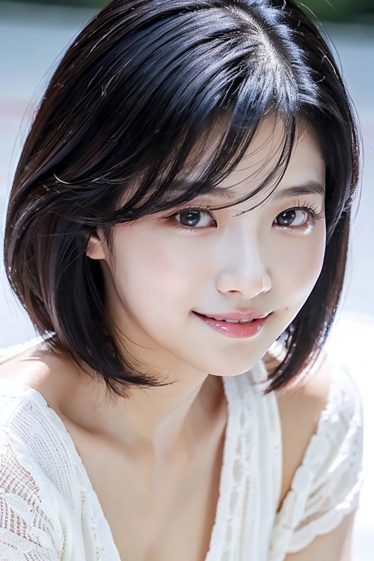 ,しゃがむ,見つめる,(Highest quality, Very detailed, masterpiece:1.2), 1 female, Very thin body, length, Thin legs, ((Black wavy short hair:1.2)), ((Thick and fluffy bangs)), Very detailedな顔,A faint smile, small, Thin Nose, small thin mouth, Extremely sharply focused eyes, Japanese, Beautiful Face, Realistic eyes, Beautiful and beautiful eyes, Realistic Skin, Beautiful Skin, charm, (Lively Faces), Beautiful Hairstyles,In underwear,(flowing summer dress camisole evening)
