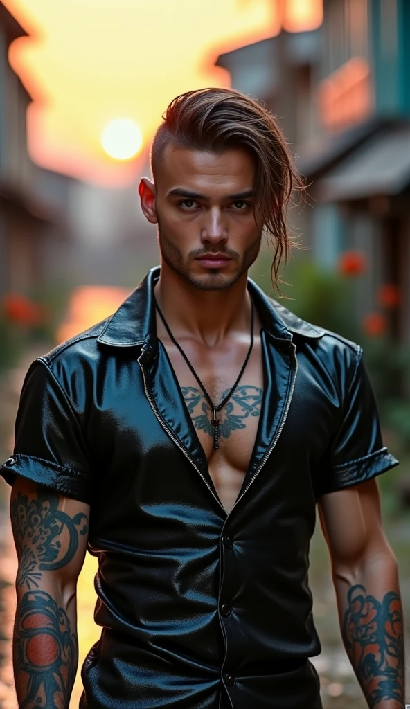 (absurdres, highres, ultra detailed, HDR), masterpiece, best quality, Character handsome 18 years old young boy with black short hair, leaning against the terrace wall , wearing (only Thong), earring and necklace, wearing open vest, red lips, angry eyebrowse, with sunglasses and shoes, street background, hd, high quality
