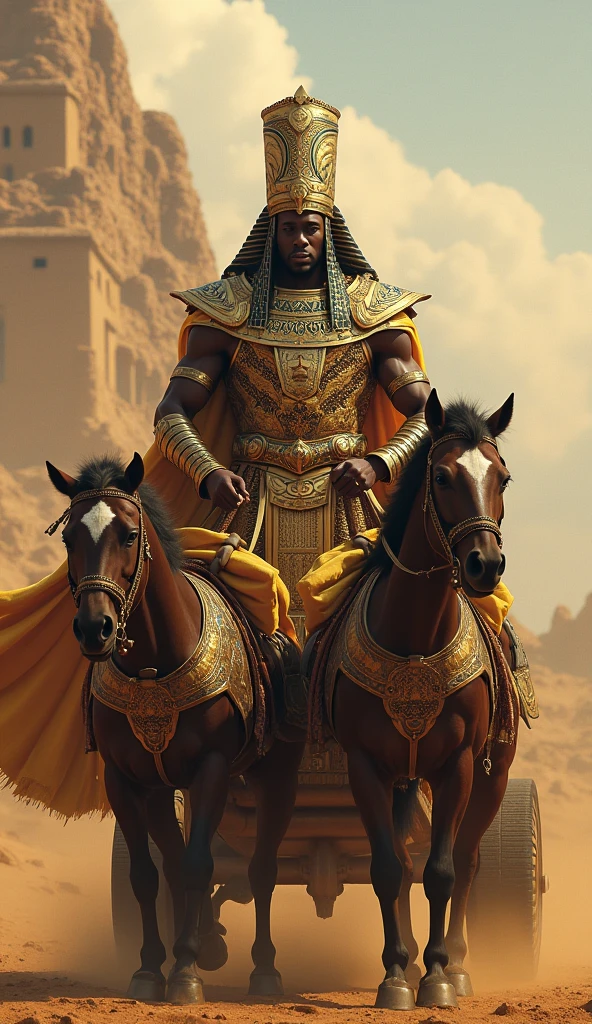 "Modelshoot style, (8k ultra-detailed CG wallpaper), envision a cartoonish portrayal of Ogum, the Yoruba deity of war and iron. His deep-hued skin glows against traditional pan-African armor, echoing the rich tapestry of the continent's diverse cultures. His fierce yet kind eyes reflect his dual nature as both protector and warrior. He brandishes a flame-kissed sword, a testament to his might, and in his other hand, he upholds a shield adorned with Yoruba and Kemetic symbols. Set against a backdrop that celebrates Africa's vast landscapes, with the Great Sphinx and pyramids subtly silhouetted in the horizon, the art should be a harmonious blend of the continent's vast history and the powerful legacy of Kemet."