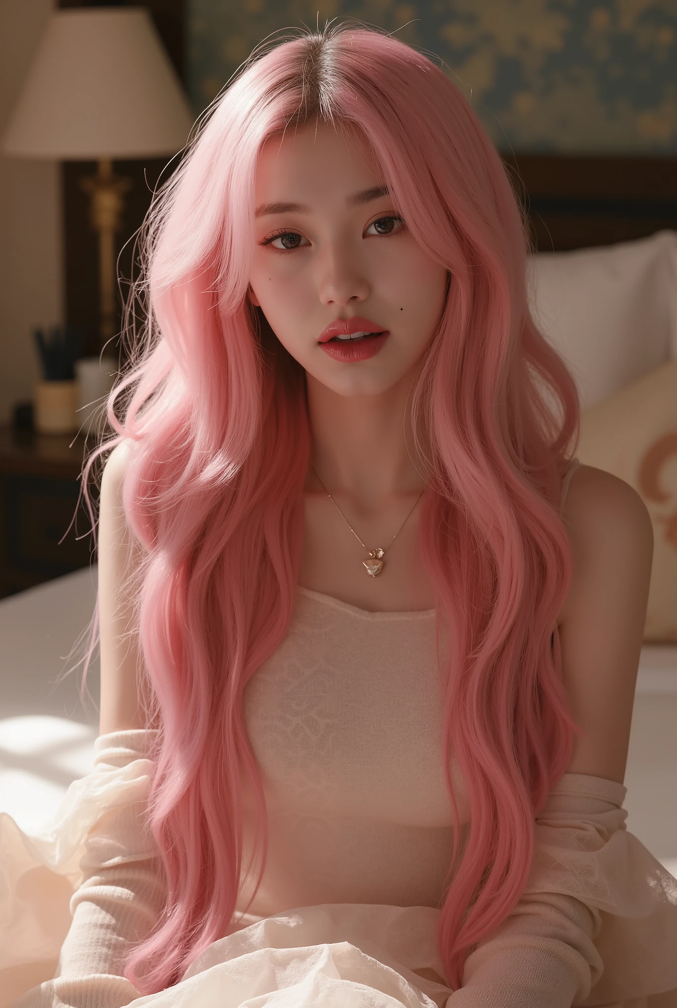 a beautiful girl with vibrant pink hair, detailed facial features, wearing a casual dress, looking directly at the viewer, blushing, biting her lip seductively, (best quality, 4k, 8k, highres, masterpiece:1.2), ultra-detailed, (realistic, photorealistic, photo-realistic:1.37), (very detailed CG unified 8k wallpaper), (best illustration), (best shade), intricate details, cinematic lighting, vivid colors, detailed hotel room background