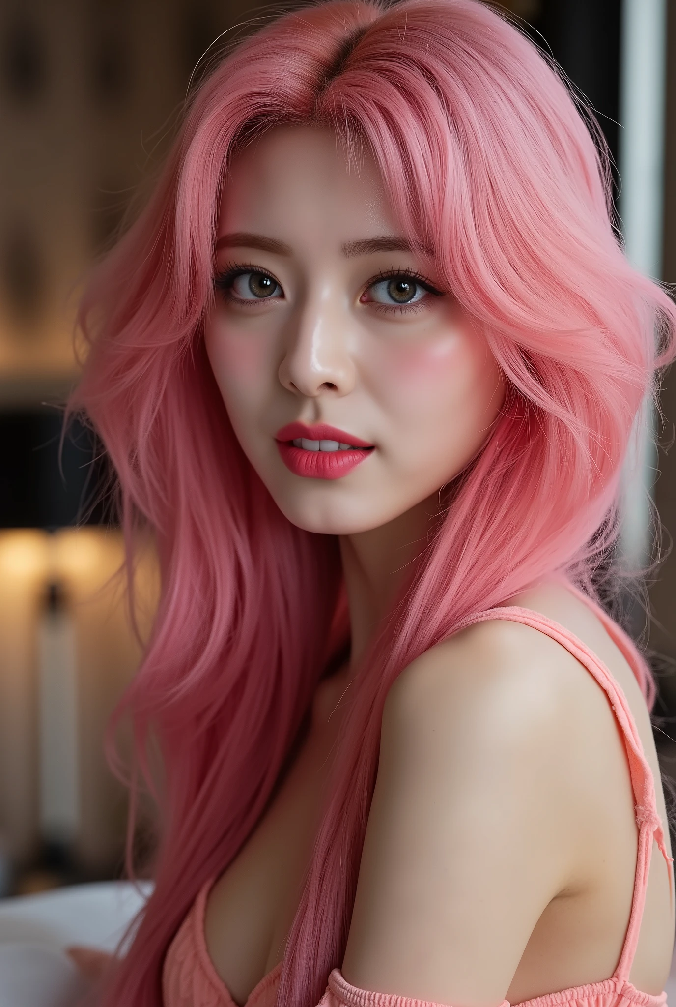 a beautiful girl with vibrant pink hair, detailed facial features, wearing a casual dress, looking directly at the viewer, blushing, biting her lip seductively, (best quality, 4k, 8k, highres, masterpiece:1.2), ultra-detailed, (realistic, photorealistic, photo-realistic:1.37), (very detailed CG unified 8k wallpaper), (best illustration), (best shade), intricate details, cinematic lighting, vivid colors, detailed hotel room background