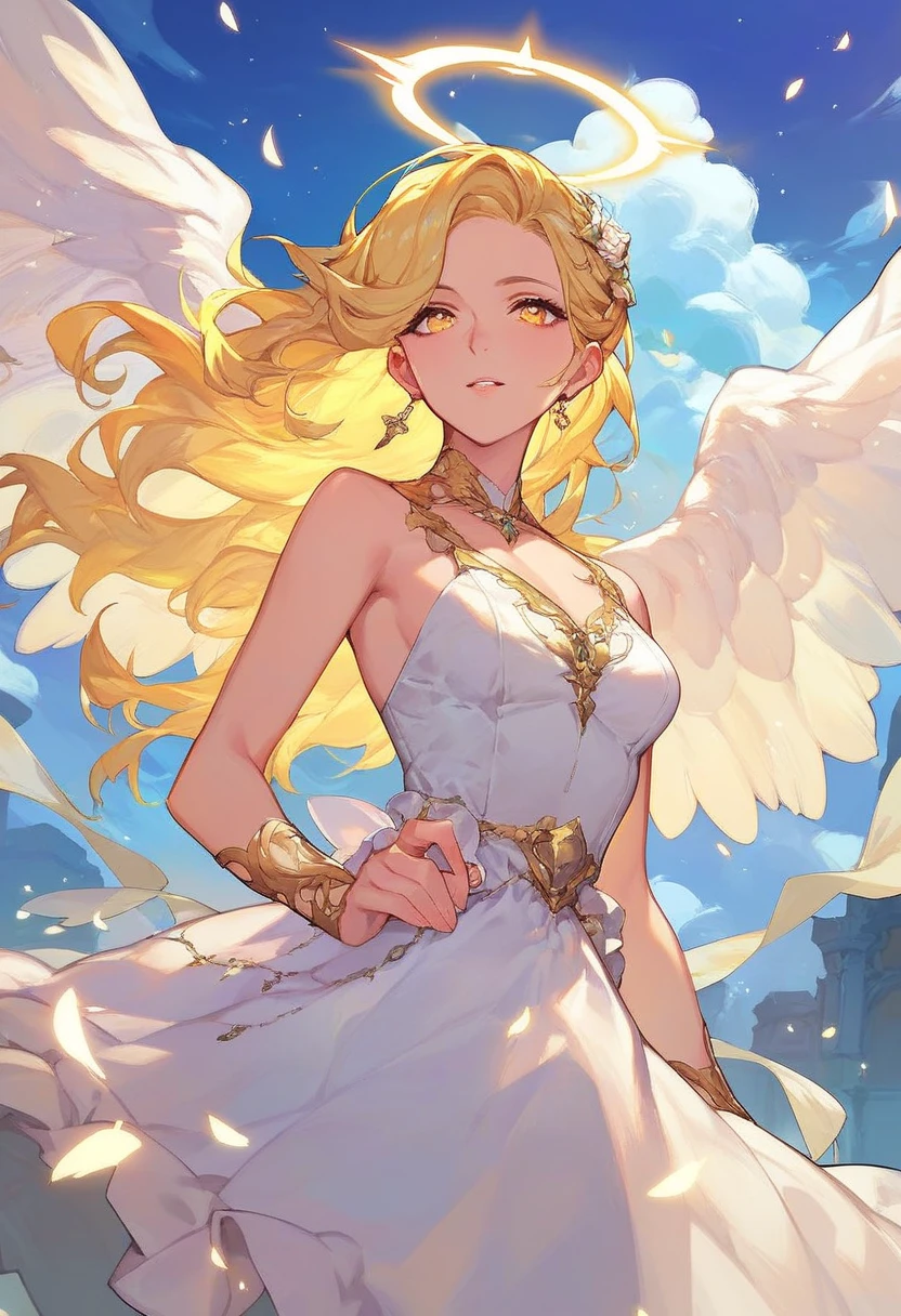 最high quality, high quality, 8K、High resolution,Highest quality、solo、胸に翼のある白いビキニ姿の1人のtallのadult female angel、Very beautiful proportions、belly button、Thighs、tall、Adult woman in a white bikini, super Wild Angel, A happy open-mouthed smile、Thighs、Naturally Shaped Fingers、Long neck、from the front、Looking at each other, our eyes met、belly button、Blonde hair and blue eyes、Majestic Angel, Anime Goddess, Wild Angel, thick, Beautiful and attractive anime woman, Huge and stunning goddess shots, Angel Adult Woman, adult female angel, She has angel wings on her back,Highly detailed goddess shot