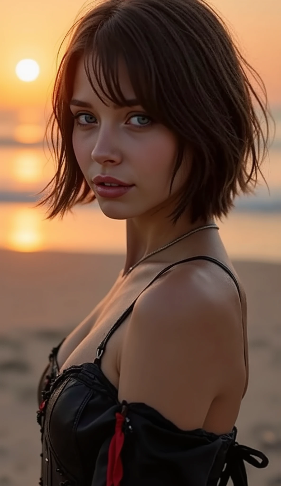 RAW UHD format、Photo of an 18 year old blonde woman (blue eyesをした美しい少女), Healthy and beautiful girl、drooping eyes、blue eyes、(((very small breast bulge)))、It's hard to judge、 very absurd、highly detailed shiny eyes, (Looking at the camera), Digital single-lens reflex camera, Photographed with Leica、super high quality, Sharpness, Shallow depth of field, Crystal Clear, Pretty face, The background is blurred, (dim), Low Key, Detailed pores , Exquisite eye detail、((short hair))、((No makeup))、((freckled face))、High school girls、So ridiculous、((sitting on the beach with a sad look on his face、The scenery dyed red by the sunset))、(((At dusk、A dark scene with darkness approaching、Red-stained landscape)))、All Nude、choker