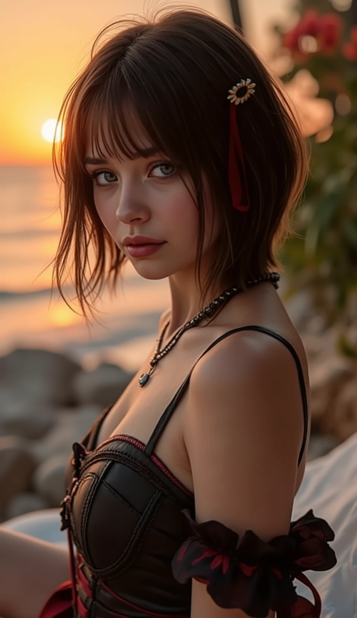 🌟 quality & silent: whole head down to below the chest, three sided view, masterpiece, 8k, ultra high resolution, hyperrealistic, very detailed, natural lighting, SLR lighting, SLR camera , Fujifilm XT3, film grain, Sharp concentration, perfect lighting. 🌌 Scene & background: different backgrounds: A romantic sunset on the beach, with warm, golden hues . A dark, mysterious forest with moonlight, that falls through the trees. A luxurious bedroom with candlelight and silky curtains. Ein urbaner background mit Neonlichtern und regennassen Straßen. 😈 model & Styling: wild girl, black short hair, red Mikimaus bow in the hair, different hairstyles such as ahoge, quin tails, tri tails, pixie cut, expressive hair, single sidelock, hair pulled back, french braid, blunt bangs, streaked hair, flattop , which in various Poses fall loose or styled are, and bright blue eyes , glowing blue eyes, She is wearing a lightweight , leather corset with deep neckline. 🔥 Pose & Mood: Different sensual facial expressions: she looks directly at the camera , with a seductive smile and half-closed eyes. She opens her lips slightly, with a playful and tempting look. She tilts her head slightly to the side, with a dreamy and sensual expression. She looks over her shoulder, with a mysterious and intense look. Die Mood ist sinnlich, seductive and full of emotions. 💋