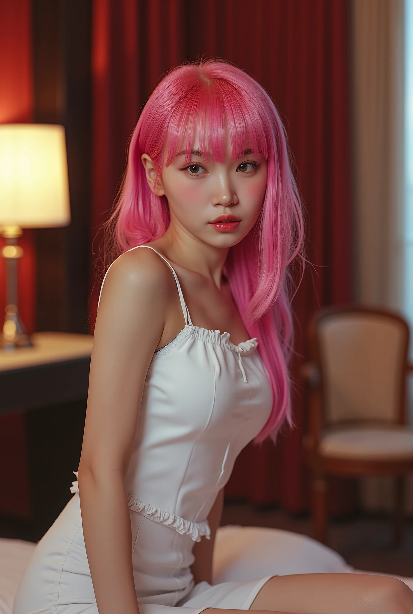 a beautiful girl with vibrant pink hair, detailed facial features, wearing a casual dress, looking directly at the viewer, blushing, biting her lip seductively, (best quality, 4k, 8k, highres, masterpiece:1.2), ultra-detailed, (realistic, photorealistic, photo-realistic:1.37), (very detailed CG unified 8k wallpaper), (best illustration), (best shade), intricate details, cinematic lighting, vivid colors, detailed hotel room background