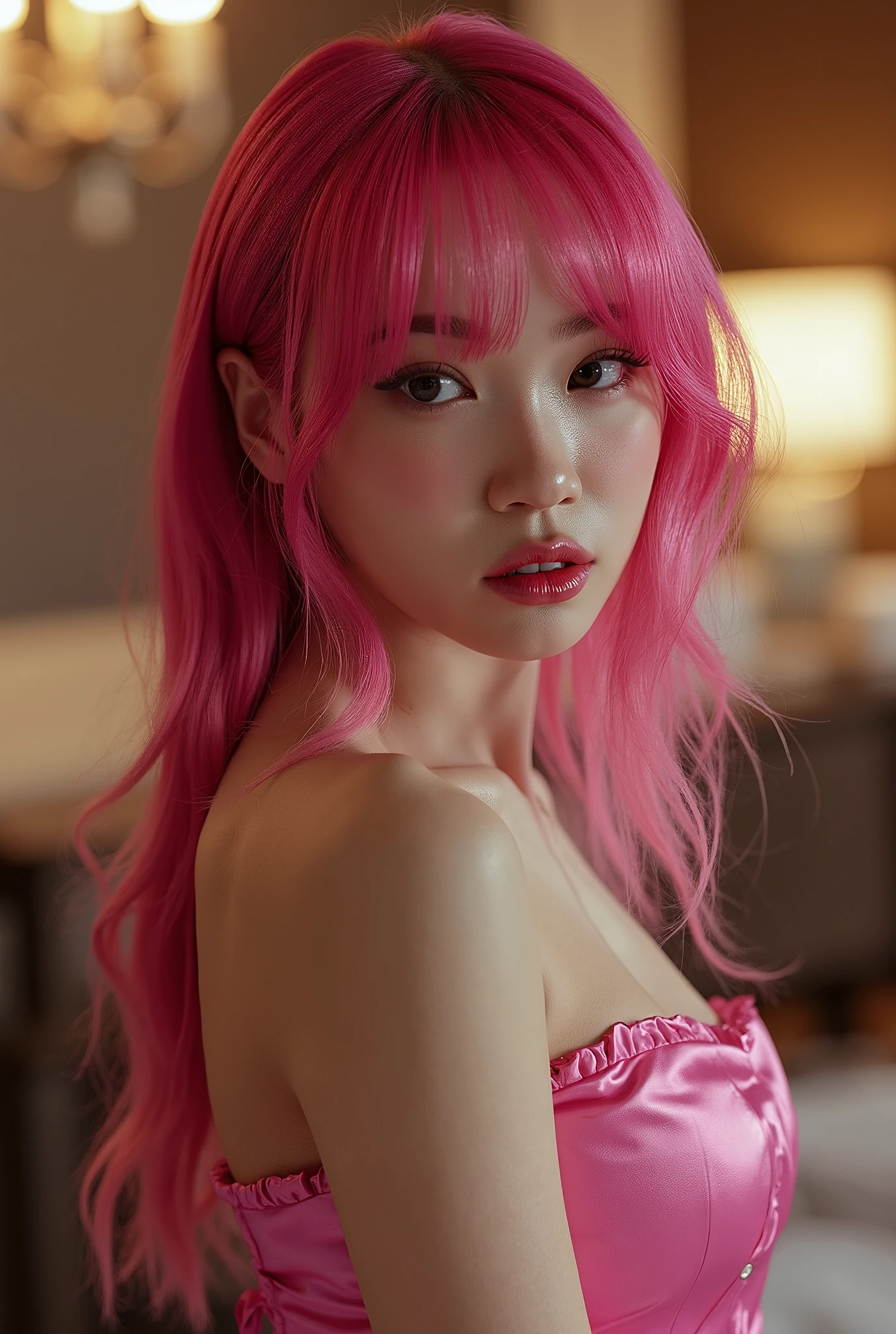 a beautiful girl with vibrant pink hair, detailed facial features, wearing a casual dress, looking directly at the viewer, blushing, biting her lip seductively, (best quality, 4k, 8k, highres, masterpiece:1.2), ultra-detailed, (realistic, photorealistic, photo-realistic:1.37), (very detailed CG unified 8k wallpaper), (best illustration), (best shade), intricate details, cinematic lighting, vivid colors, detailed hotel room background