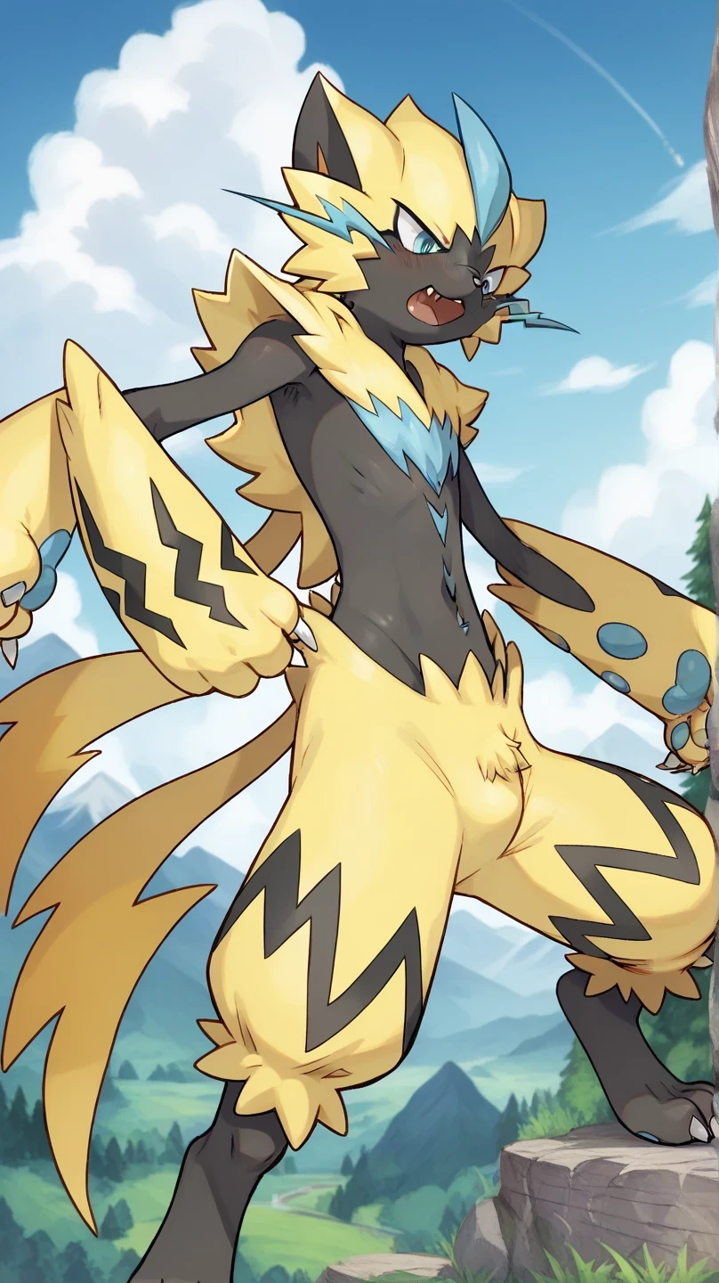 (masterpiece,Highest quality,Very detailed,Perfect Anatomy),kemono,Sharp focus, From null-ghost,alone,Humanity,Muscular,pokemon,zeraora,Beautiful eyes,naked,,Looking down,very low angle,Blushing,Place hands on hips,penis,Sweat,Get wet all over,Wet body