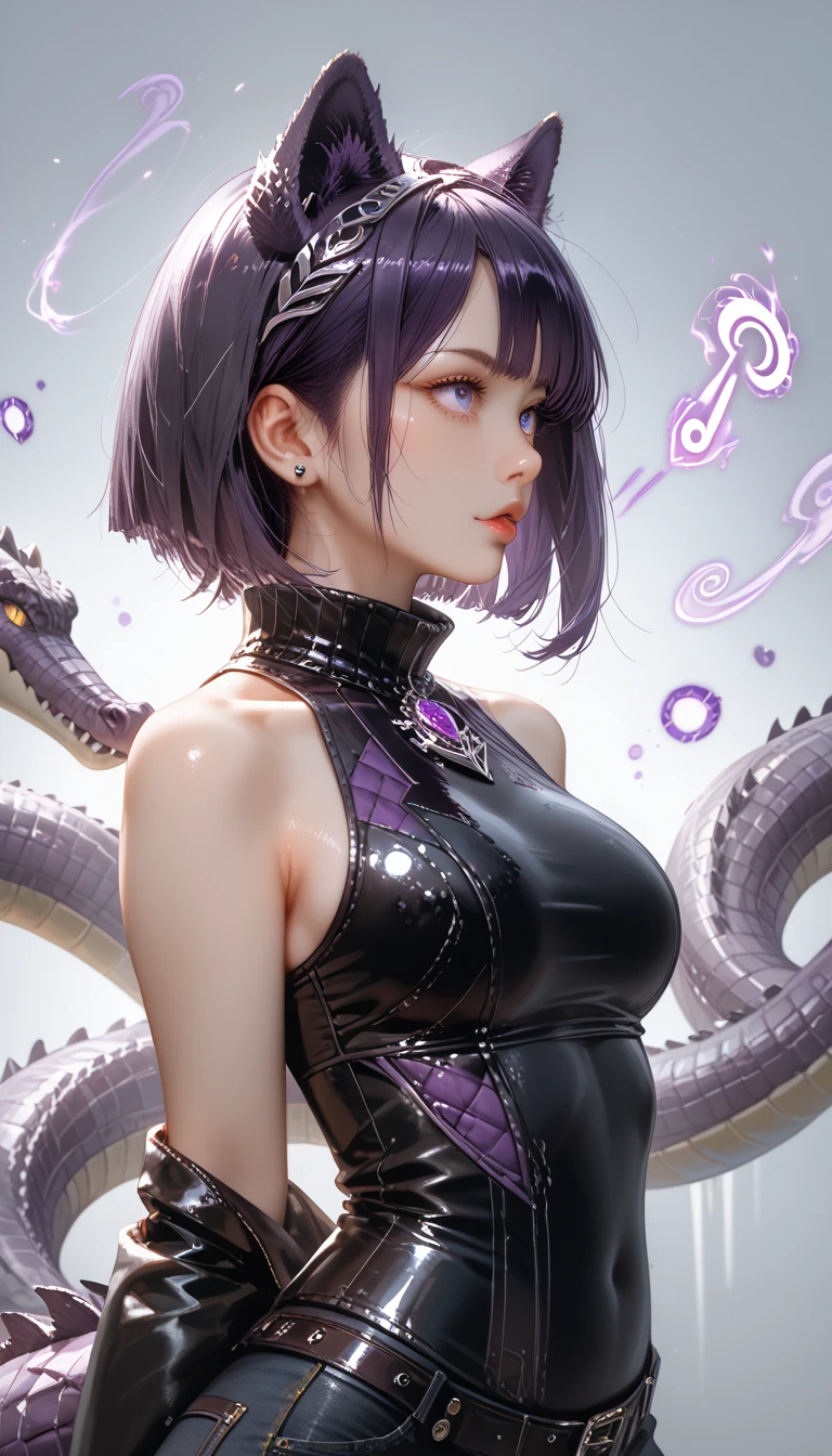 ((ultra realisitic)), ((picture-perfect)), ((face perfect)), ((ultra detaild)), ((fully body)), ((perfectbody)), a girl with purple hair in the shape of snakes, wearing a black dress with gold details, Red eyed girl, vertical pupils, long socks, sensuous, provocative smile, fully body, neutral background,