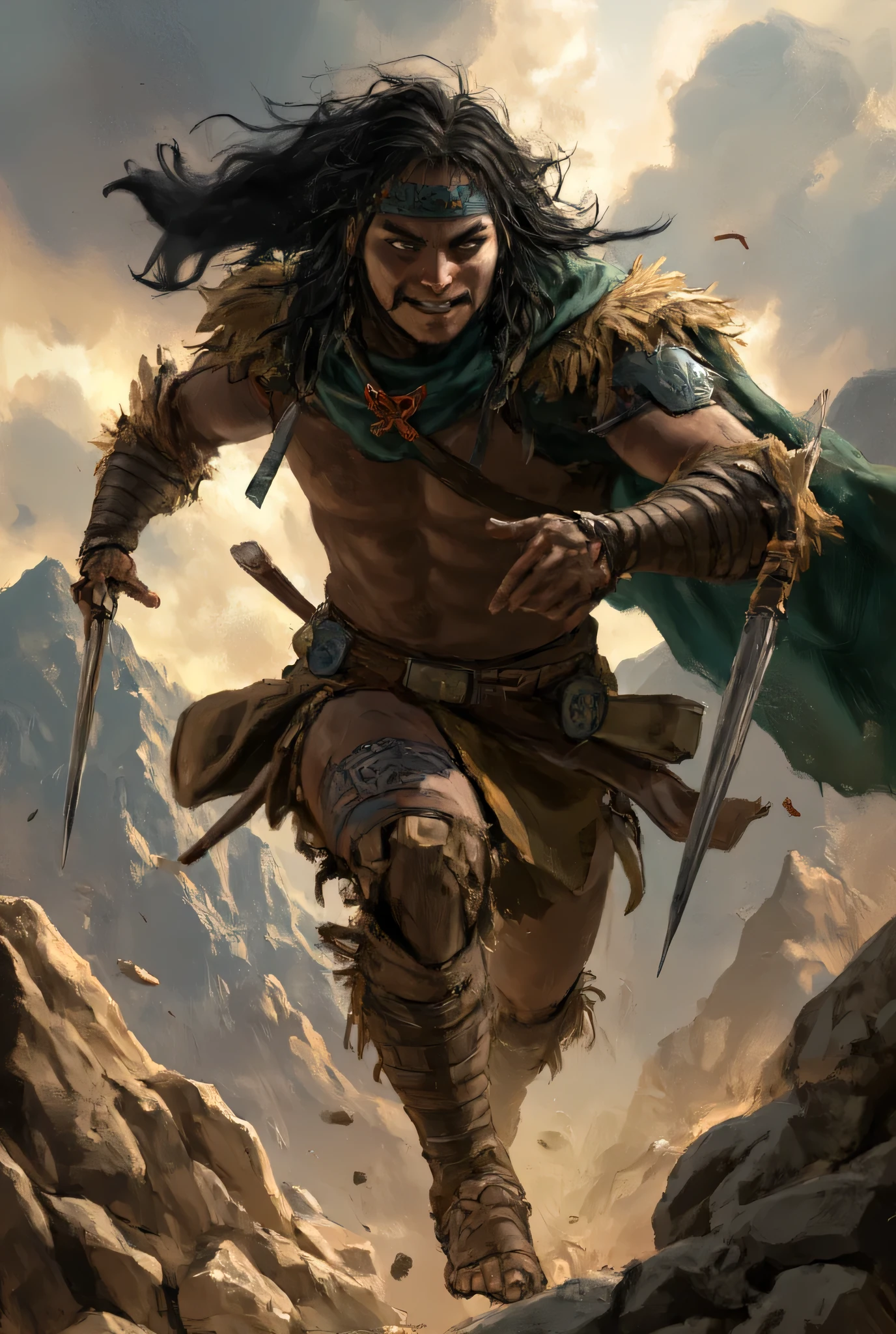 A fierce-looking Mapuche warrior advances with speed and determination through mountainous and rocky terrain. Her musculature is imposing , highlighted by the light that crosses the clouds above him. His long black hair flutters in the wind, and a band with Mapuche tribal symbols adorns his forehead. His eyes reflect fury and concentration, while his mouth shows a battle cry.
He wears a green cape that shakes with his movement, together with rustic clothes reinforced with fur and bandages on arms and legs. has no hands, and instead, sharp metal blades protrude from their trunnions, tied tightly with bandages and leather, turning them into lethal weapons. His presence is impressive , a warrior who has turned his loss into strength and resistance.
Behind it , a mountainous landscape bathed in heavenly light creates an epic contrast between his ferocity and the majestic environment. The scene conveys a mixture of mysticism and brutality, showing the determination of an indomitable fighter.
The style is illustrative with epic fantasy, combining vibrant colors , dynamic brushstrokes and a composition full of energy and movement. The image captures force, courage and resilience of a legendary warrior.