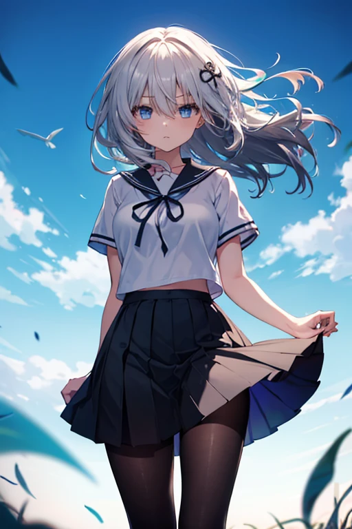 (master_piece, high_quality, beautiful, super delicate, absurdres:1.2), 1girl, mature, 16 years old, beautiful face, ahoge, hair fluttering in the wind, white hair, blue eye, (long sailor suit, long skirt, The wind is blowing, Skirt flipped up, I can see your underwear, skirt that flipped in the wind, skirt billowing, I can see your underwear, wind lift:1.2), port, (clear water, gemstone sea:1.2), Ship in the distance, The trails that planes make, blue sky, Sunshine, street in the distance,