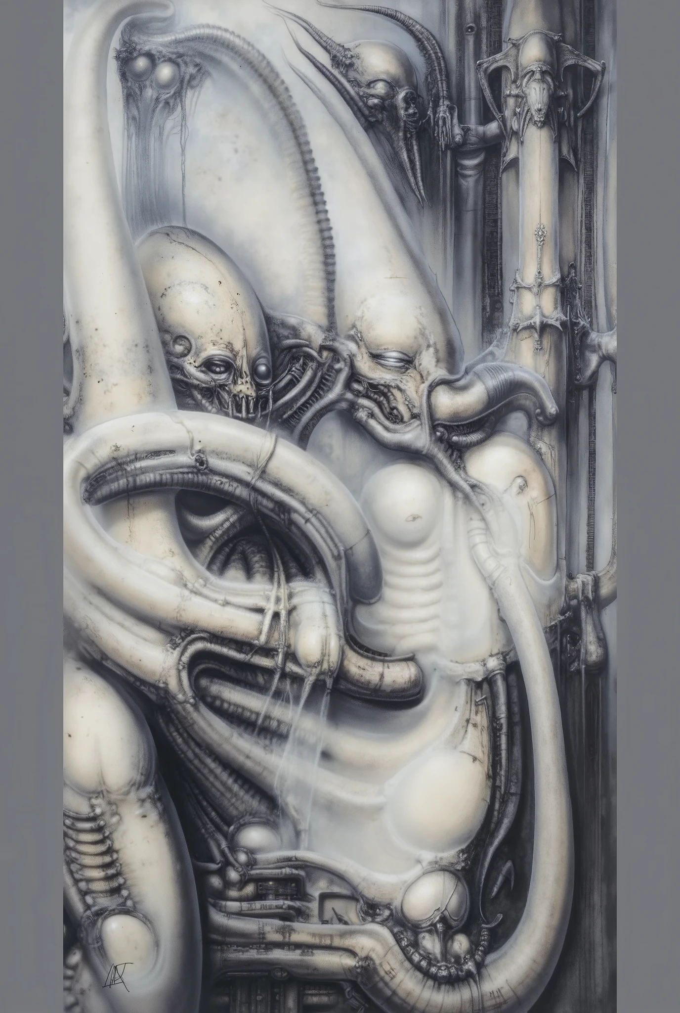 Create biomechanical tableau with some of the artistic techniques and compositional features used in /“Newyorkcity XXIV/” by h r (Hans Rudie) giger:
The painting is composed around a central focus of bone-like celestial formations and tectonic weathering structures with a phallic spine. This central form is the most detailed and brightly lit part of the painting, and it draws the viewer's eye in.The central focus is emphasized by the use of light and shadow. The light source is coming from the top left of the painting, and it casts a bright spotlight on the scene.
Biomorphic forms: The biomechanical forms in the painting are inspired by biological organisms, but they are also machine-like. These forms create a sense of unease and discomfort, as they blur the line between the natural and the artificial
. The image is highly detailed and intricate, uses, with transparent organs and bones exposed). The piece has a thick mechano-organic texture and is covered in fine details. The image has a swirling, organic quality to it. The artistic manner would be unmistakably Gigeresque. A dark and unsettling beauty would permeate the piece, blurring the lines between fascination and repulsion , forever haunted by the grotesque allure. Giger's signature artistic manner would be evident in every stroke. The airbrush would be wielded with masterful precision to create a hyperrealistic yet nightmarish aesthetic.,hrgiger,H.G. Giger Style, Biomechanics,HRGigerArhP style
high contrast studio lighting, creepy, wet, shiny, hyper realism