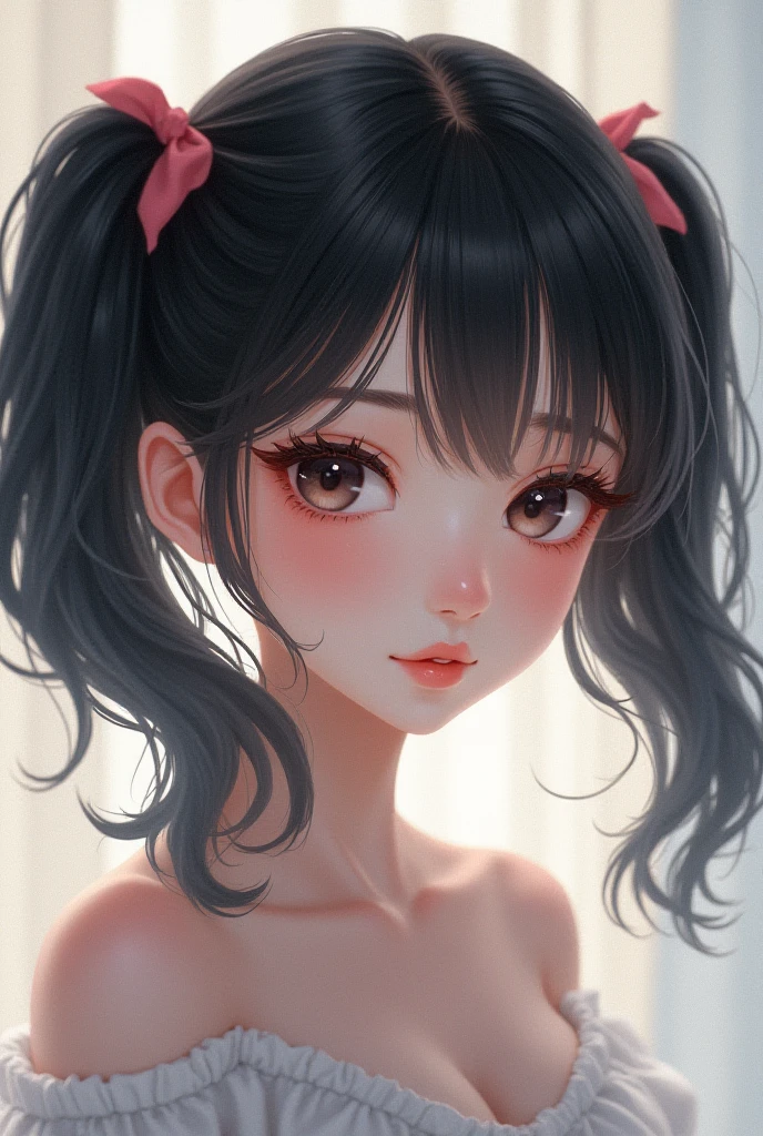 Amazing portrait of a close up shot of a cute and sexy girl with her black hair in two medium ponytails and her sexy eyes making intense eye contact during night time with soft lighting highlighting her small nose and red lips as she has an orgasmic face wearing a kid dark pink t shirt showcasing her neck and collarbone and her bare shoulder as she lays in bed in her dark bedroom with one lamp