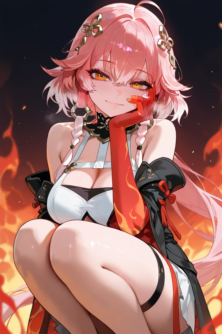 half-dragon girl, with horns, with a long tongue sticking out, looking mercilessly, sexy body, in a swimsuit, smiling evilly