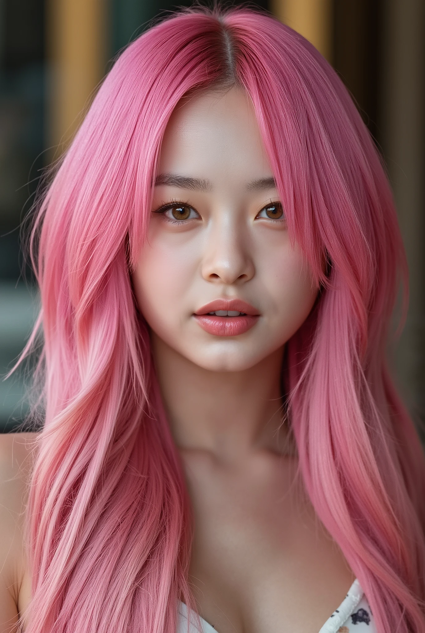 a beautiful girl with vibrant pink hair, detailed facial features, wearing a casual dress, looking directly at the viewer, blushing, biting her lip seductively, (best quality, 4k, 8k, highres, masterpiece:1.2), ultra-detailed, (realistic, photorealistic, photo-realistic:1.37), (very detailed CG unified 8k wallpaper), (best illustration), (best shade), intricate details, cinematic lighting, vivid colors, detailed hotel room background