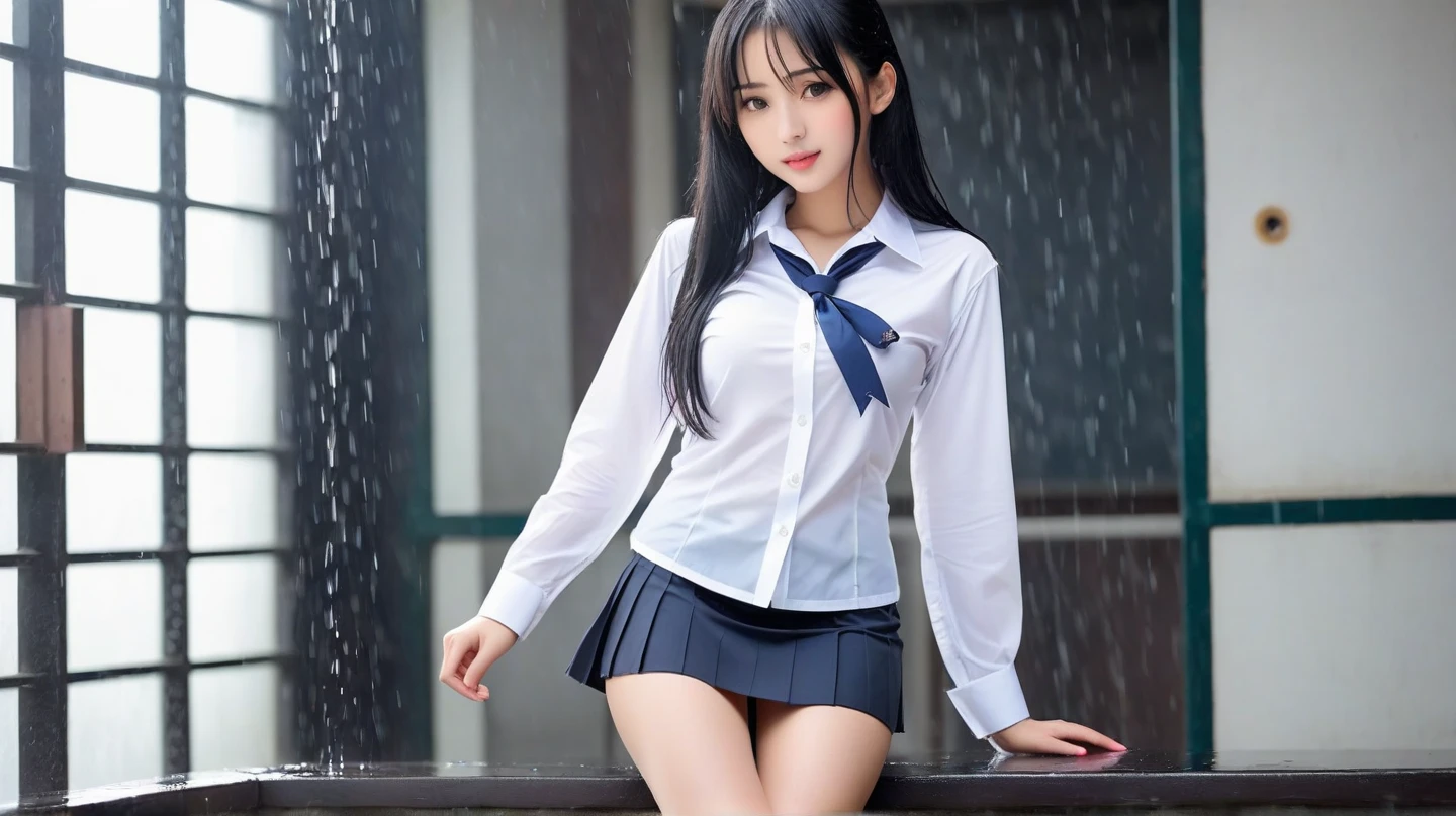 best qualtiy，tmasterpiece，hight resolution，1girll，dingdall effect，realisticlying，edge lit，two tone lighting，（highdetailskin：1.2），8K UHD，pure，Dolce，flowers background，Colorful background，Based on physical rendering，Perfect Light and Shadow，extreme hight detail，Pink tones，eye reflections，Raised sexy，perfect bodies，Superb Beauty，largeeyes，long eyelasher，Delicate eyes，(blue eyess）、big shiny eyes，Small pupil reflex，Shoulder and neck details，The texture of the pupil is delicate，Perfect eyes，black pupils，best qualtiy，tmasterpiece，16 K，a picture，head portrait，Bigchest，Medium size breasts，Delicate avatars,((Little girl trotting through a lakeside park)),((female students、校服),((Wet Navy Blue Blazer、emblem on breasts))、）（Wet translucent white blouse）、(red bowtie,)(White flared skirt),(Black pantyhose),(Black loafers)、(Troubled face)、(Cloudy sky outside)、((Blowing in the rain and wind))、((Skirt soars)),(Lifted skirt),((White lace underwear is visible))、