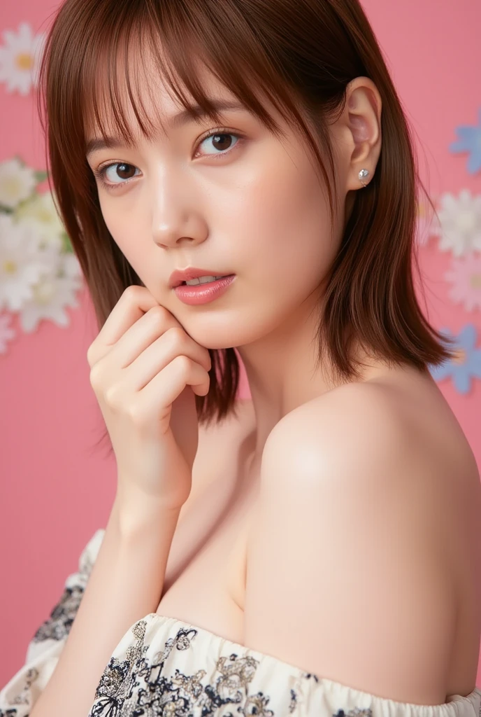 (Highly realistic photos, High resolution, Detailed face, Beautiful Eyes), ((Photographed in front of a white wall))、Japanese women, 40 years old, various expressions, alone:1, Slim figure, Mr..々Hairstyle, Casual clothing, Only one person is in the photo、nude、Completely naked、Photographed in natural light、Simple Necklace、Spring Clothes、Don&#39;Don&#39;Don&#39;Don&#39;t look at the camera、profile、Pink brown hair color、Bob Hair