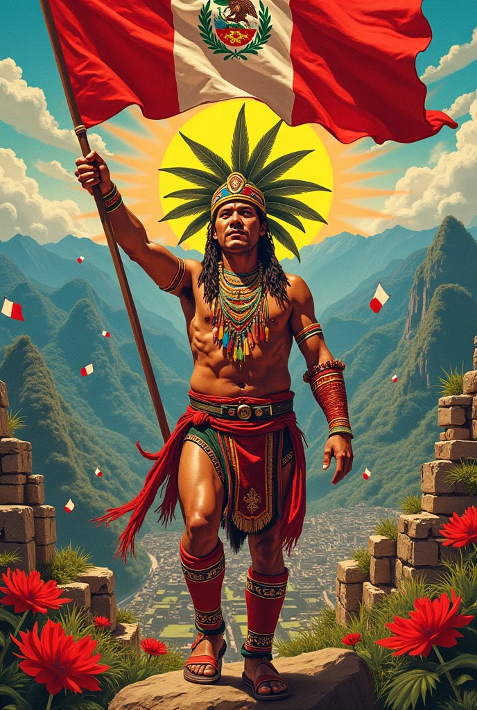 Inca drunk on the ground of Macchu Picchu with chicha bottles around him, bare torso, on his head he wears the mascaypacha