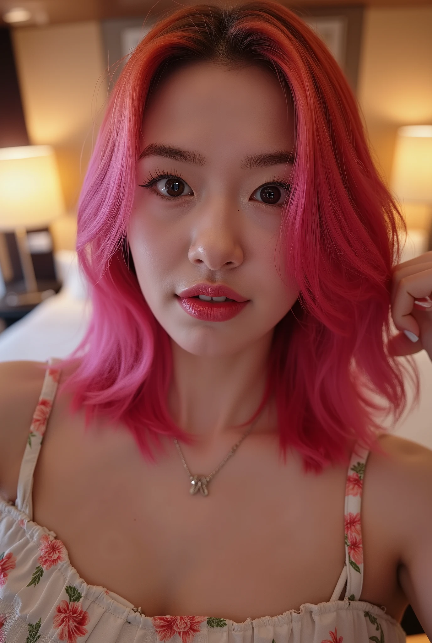 a beautiful girl with vibrant pink hair, detailed facial features, wearing a casual dress, looking directly at the viewer, blushing, biting her lip seductively, (best quality, 4k, 8k, highres, masterpiece:1.2), ultra-detailed, (realistic, photorealistic, photo-realistic:1.37), (very detailed CG unified 8k wallpaper), (best illustration), (best shade), intricate details, cinematic lighting, vivid colors, detailed hotel room background