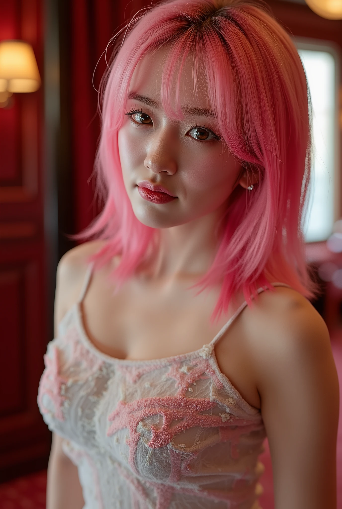 a beautiful girl with vibrant pink hair, detailed facial features, wearing a casual dress, looking directly at the viewer, blushing, biting her lip seductively, (best quality, 4k, 8k, highres, masterpiece:1.2), ultra-detailed, (realistic, photorealistic, photo-realistic:1.37), (very detailed CG unified 8k wallpaper), (best illustration), (best shade), intricate details, cinematic lighting, vivid colors, detailed hotel room background
