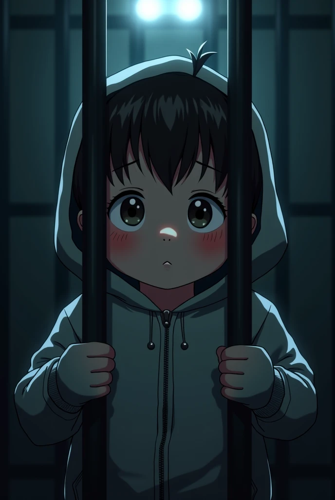 Cinematic Anime style. Manga art. TME0224 face, (((a baby boy, 4 year old))) in a funny night (((wearing a baggy onesie without a zipper with hands in mitts))), (((inside a tiny closed cage behind bars))). cinematic lighting, drop shadow, masterpiece, UHD, anatomically correct, textured skin, super detail, high details, high quality, best quality, 4K, full body