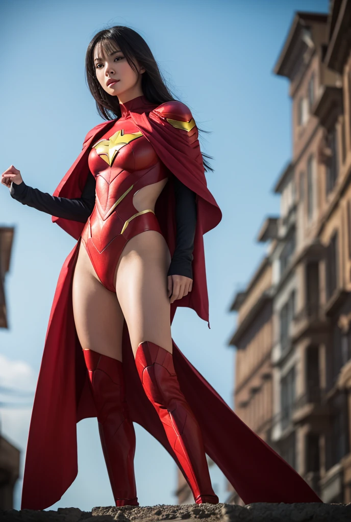 Superheroine, halter neck, midriff, high heels, hand on hip