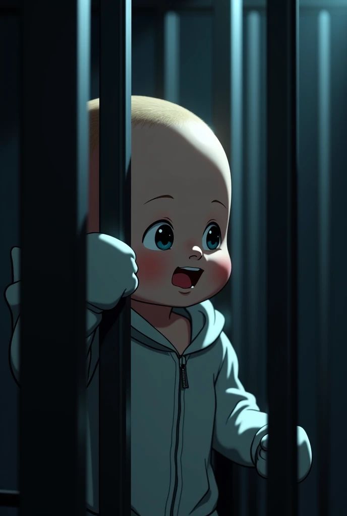 Cinematic anime style. manga art. TME0224 face, sad expression, (((a baby boy, ))) in a funny night (((wearing a baggy onesie with hands grabbing the bars))), (((inside a tiny closed cage behind bars, standing with the arms grabbing the bars))). cinematic lighting, drop shadow, masterpiece, UHD, anatomically correct, textured skin, super detail, high details, high quality, best quality, 4K, full body, standing