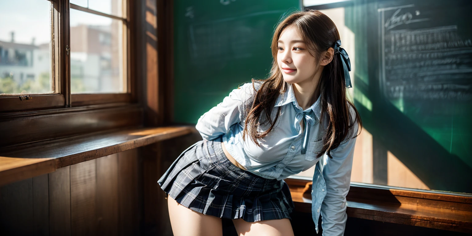(masterpiece:1.3), High resolution, Very detailed, Very detailed CG Unity 8k 壁紙, Realistic, photo-Realistic, RAW Photos, Beautiful and elaborate face, Pale skin, Realistic glistening skin, High-quality fabric, Detailed hair texture, Perfect Style, Beautiful Face, Accurate, Anatomically correct, Very detailed顔と肌の質感, Beautiful Eyes, Brown eyes, double eyelid, Thin eyebrows, (Droopy eyes:0.65), (Glitter Eyeliner:), Natural Cheeks, Shiny skin, (Fair skin:), Shiny necklace and earrings, (Glossy Lips:),
break
(Classy and cute girl), (Random hairstyles such as ponytails and updos, Wavy Hair, Dark brown hair), (Captivating smile:1.2) (Wearing an elegant business suit), (Black Stockings), Medium sized big breasts, Cleavage、Black lace panties、 (In the school classroom), ((Full Body Shot)), Skirt Lift,alone
