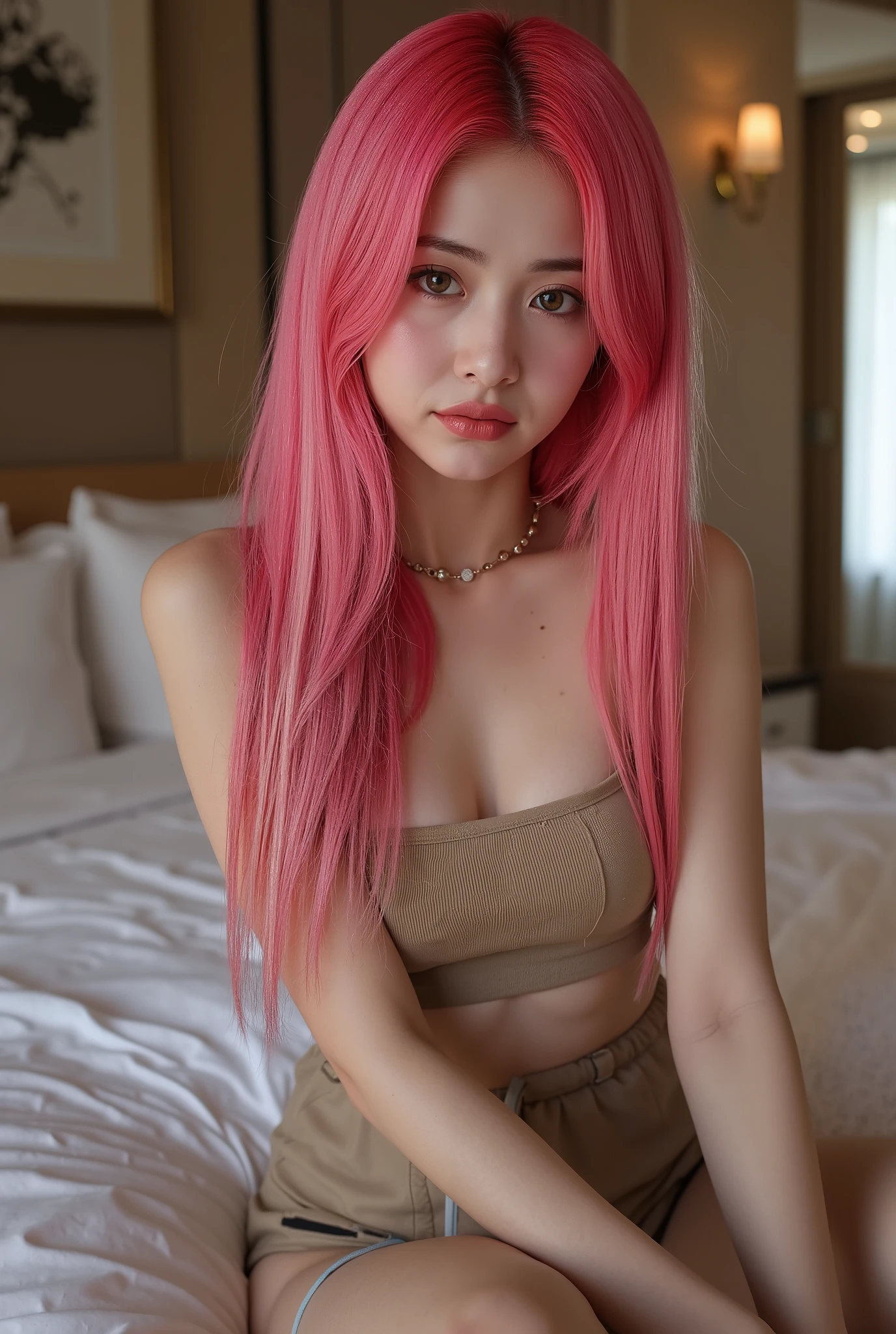 a beautiful girl with vibrant pink hair, detailed facial features, wearing a casual dress, looking directly at the viewer, blushing, biting her lip seductively, (best quality, 4k, 8k, highres, masterpiece:1.2), ultra-detailed, (realistic, photorealistic, photo-realistic:1.37), (very detailed CG unified 8k wallpaper), (best illustration), (best shade), intricate details, cinematic lighting, vivid colors, detailed hotel room background