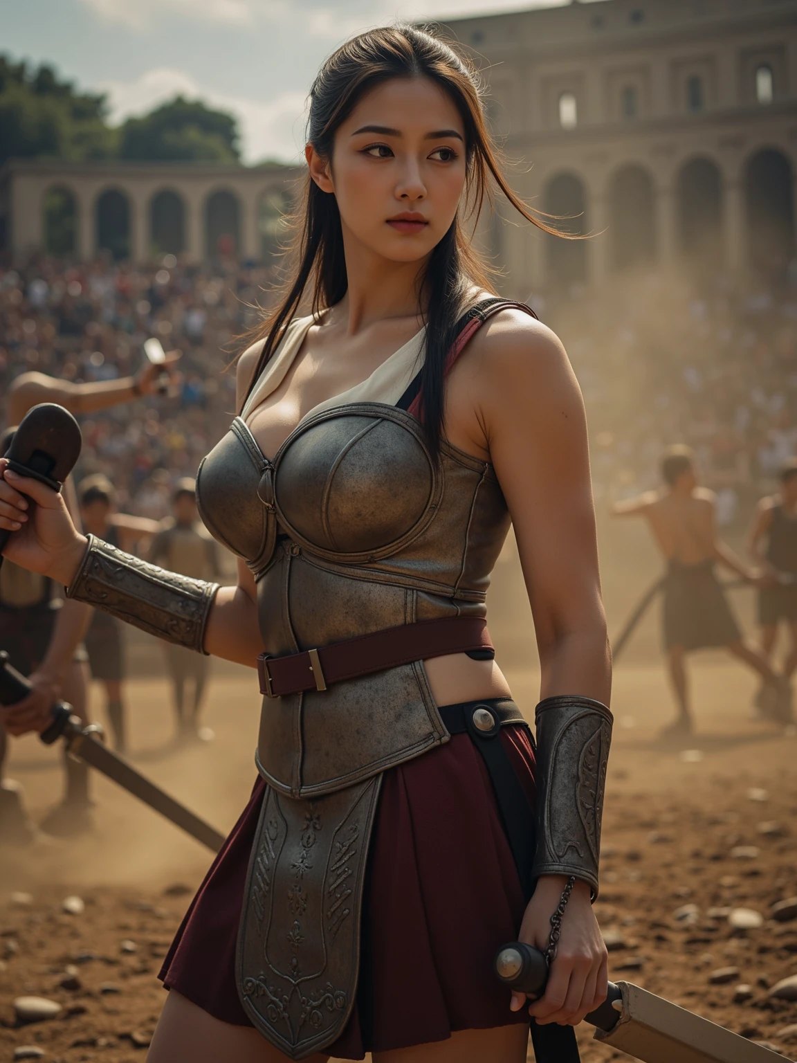 (((Armor and sword of Joan of Arc:1.3))),(((Ancient Western Landscapes:1,3))),(((Armed Girls in Europe:1.3))),(((Enhance your movements with a sword with a motion blur effect:1.3))),(beautiful a girl),pleatedskirt,breast slip,(blondehair,Ponytail twisted buns adorned with elaborate braids and beads,Braided Setup Fishbone Hair,),(Bangs are see-through bangs),(((emphasizing breasts:1.3))),(Dynamic angles),(Dynamic and sexy poses),(bending forward:1.3),(((Dignified statue))),(((hair pin,a necklace,piercings))),Colossal tits,Blush with embarrassment,Enraptured eyes,skin glistening with sweat,gazing at viewer,Disturbance of clothing due to movement,pointed red mouth,Perfect round face,,Proper body proportion,Intricate details,Very delicate and beautiful hair,photos realistic,Dreamy,Professional Movie Lighting,realistic shadow,Solo Focus,Beautiful hands,Beautiful fingers,Detailed finger features,detailed clothes features,Detailed hair features,detailed facial features,(masutepiece,top-quality,Ultra-high resolution output image,) ,(The 8k quality,),(Image Mode Ultra HD,)