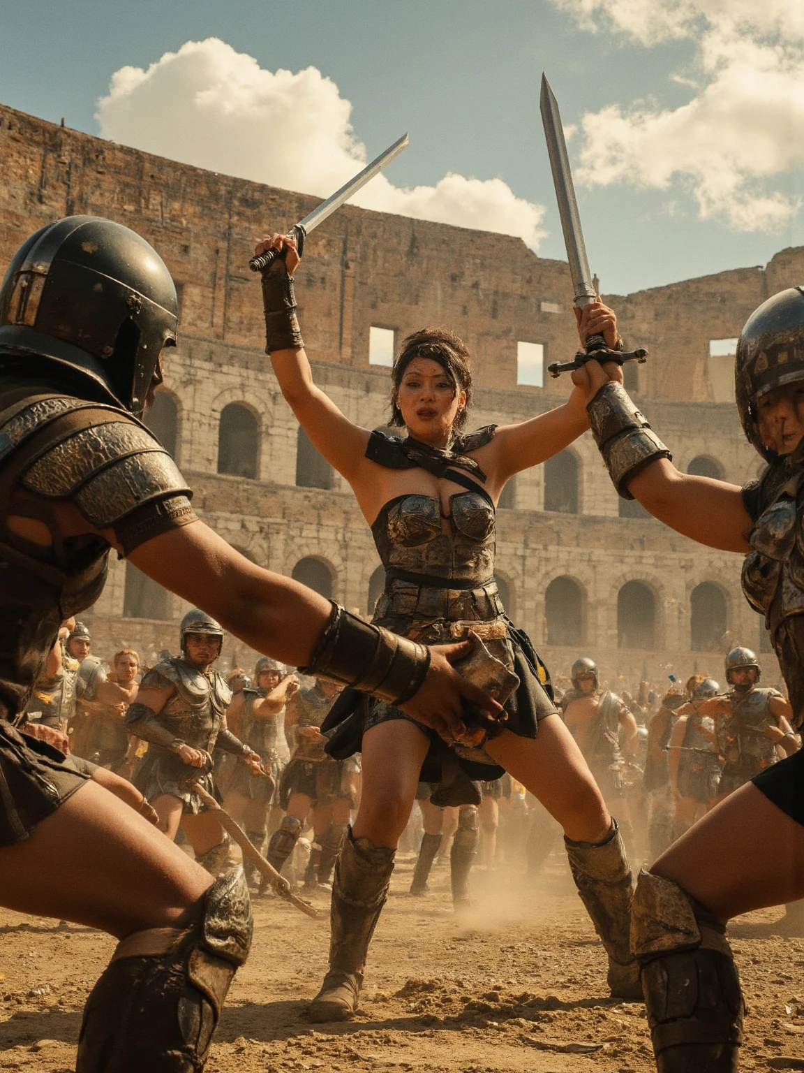Women slaves, in an old Roman market, with beautiful bodies, an iron collar around their necks, and people were watching to buy them.Tied with chains, beaten with a whip N wrestles in the fighting ring SpartacusBlood, gore, swords, beheading roman clothing,