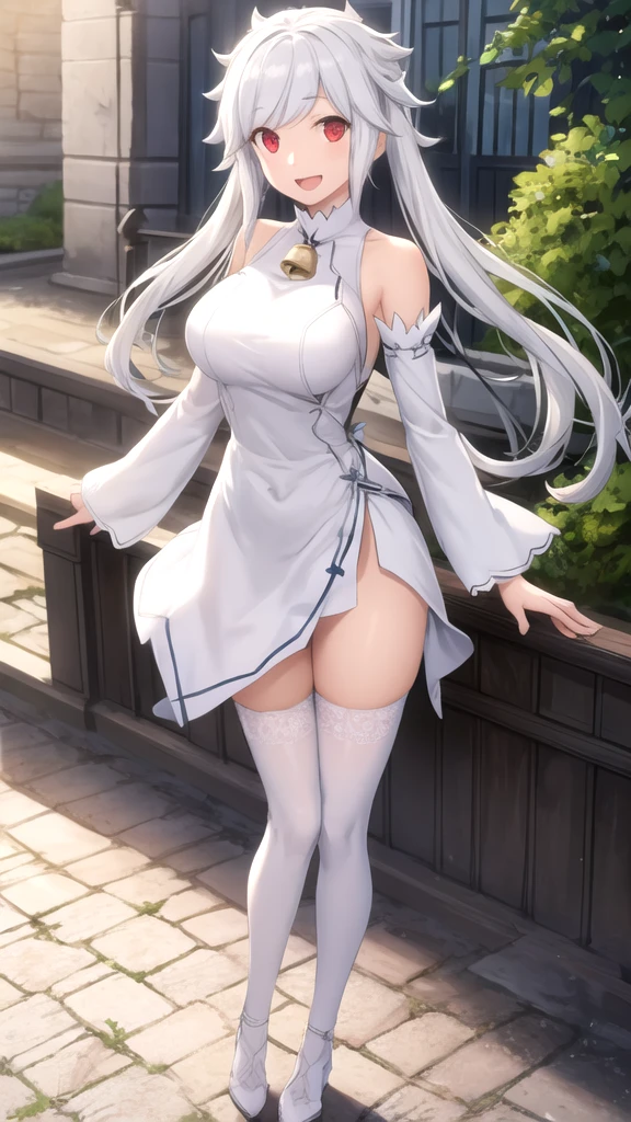 Beautiful illustration、top-quality、cute petit girl、(transform sequence)、Beautiful blue Japanese-style maid uniform、((white leotard))、10yaers old、elementary student、Slender beautiful girl、Fractal Art、baby-face、Silver Straight Long Hair、beautiful detailed blue eyes、kindly smile、Full Body Display、Western-style garden、(1 persons)、long-sleeve、Bright, sunny and beautiful garden、(knee high socks)、is standing、(highleg)、You can see the chest