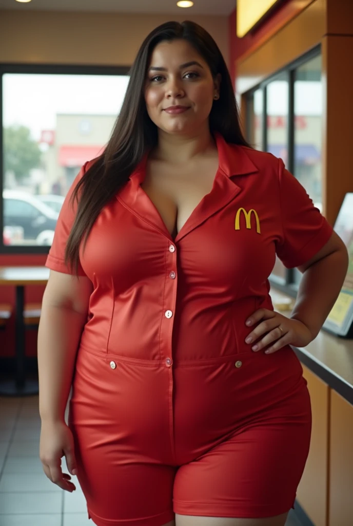 (masterpiece, best quality, highres:1.5), (realistic:1.2), jennifer connelly, (detailed face), (beautiful face), (ussbbw:1.3), (immobile:1.2), orange fast food uniform, serving at counter of a burger joint