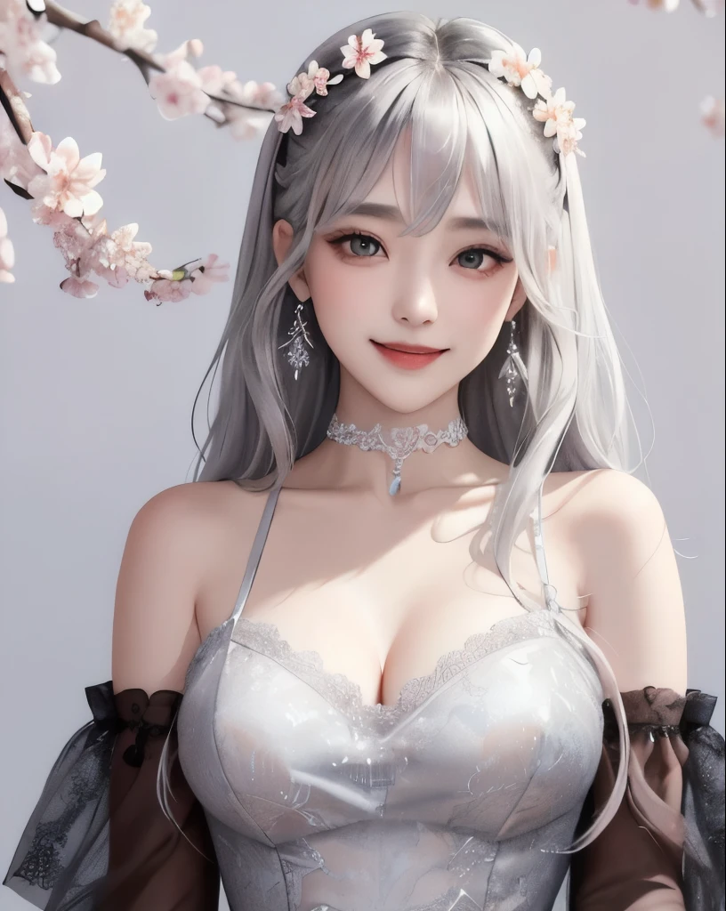 The upper part of the body、one girls、i have silver hair color、Two-tone、(pink highlights)Bun hair、Curly hair,floral headband、very Bigger breasts、very heavy and big breasts、Kimono、lace bathrobe、off shoulders、Angle looking down from above,