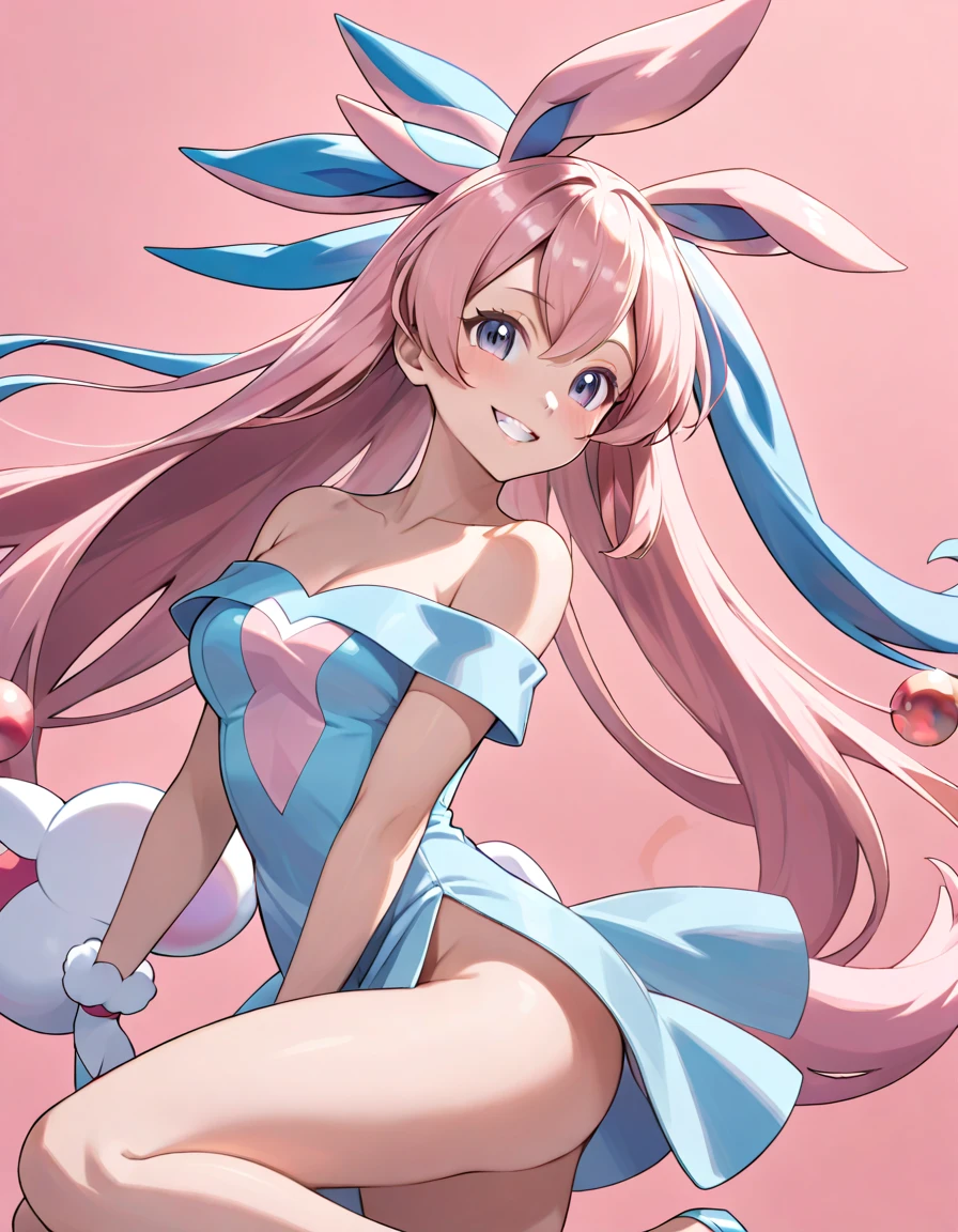 a cute girl, perfect face, large breasts, shiny skin, slim waist, playboy bunny,bowtie, detached collar, highleg leotard, pink legwear, pink leotard, side-tie leotard, strapless leotard, wrist cuffs, 1girl, 18 years old ,cute, pretty, emo, , hime cut, gradient hair, shy, big breasts, perfect breasts, halo, yandere, blue hair, legs, hand under breasts, hand on face