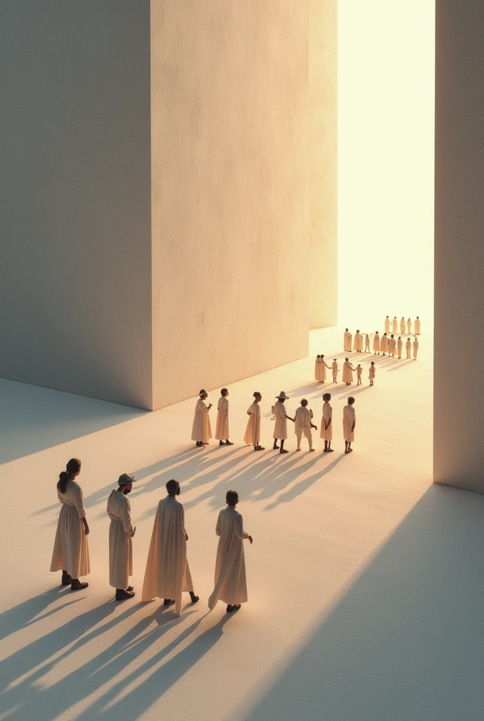 There is a high wall separating two groups, on one side men pray kneeling in underwear and Islamic caps on their heads, on the other side women with winds pray standing up.