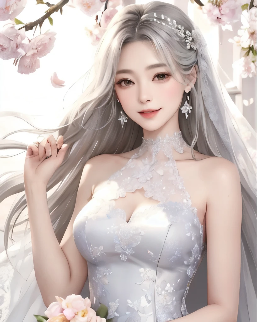 Paradise in Heaven, white light naste piece), (highest quality), (cinematic), 8K, (art station), Li Yue&#39;s style of painting.(長いgray hairとSilvery eyesを持つ1人の女), (beautiful and delicate face)、[ particle roux full moon] [Frozen trees々] [landscape crystal] [lit] [fantastic atmosphere]:1.1] [fantasy, short story] [soft lit] [+cinematic shot]:1.2 [+art station] [+Light white background] [+soft lit] [Soft shine] [creative and dynamic angles]:1.3, [+crystal tonina steppiece, very detailed, super detailed, alone, (white skin), Silvery eyes, gray hair, (snow background), (snowflake rose flower:1.0), (shining crystals),, (snow ground), (sexy white lacy mail、dreamy and detailed, Gorgeous settings, 妖しい雰囲気 table top, The most beautiful scenes, majestic、(((Filled with white flowers)))、quiet and serene atmosphere、attractive, all white tones,Inside the crystal library,Transparent flowers and falling snow，Many white roses are planted,(water flowing,drop down,flower of water),The decoration is also carefully finished..,dream-like（very detailedです，creative design，crisp and precise lines，khd，best quality，master piece，超High resolution，4K）、Beautiful white flower hair ornament in diverse poses))、beautiful hairstyle、(highest quality, 4K, 8K, High resolution, table top:1.2), super detailed, detailed expression, elegant posture, Expressive brush strokes, mysterious atmosphere, artistic interpretation,delicate floral jewelry， (((detailed design、Beautiful dress with sheer lace、see-through little dress)))、(software:1.5), (oversized breasts, best body proportions, The proportion of large breasts,:1.5),(Regular crystal accessories on the arms are decorated in white。))、(((Design with wide open chest)))