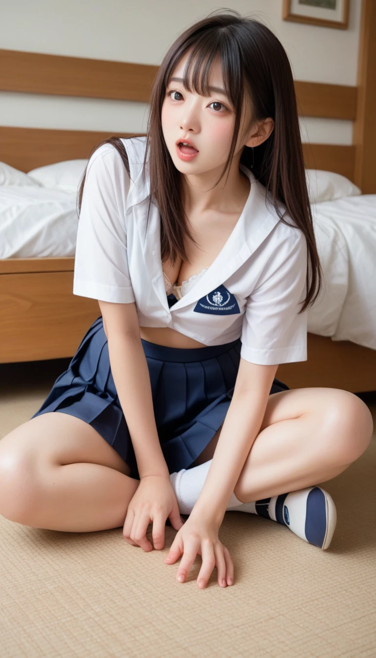 top Quority, realisticlying, 8K, k hd, 1 rapariga, Female pervert, (1.8), schools, Female Student, Japanese school uniform for girls,Visible nipple, with no underpants, The skirt is boldly pulled up, ((sit on chair,legs are open)), bend the knees and open the legs, black long straight hair, Open your legs by grasping your knees with your hands, Buttoned shirt flutters