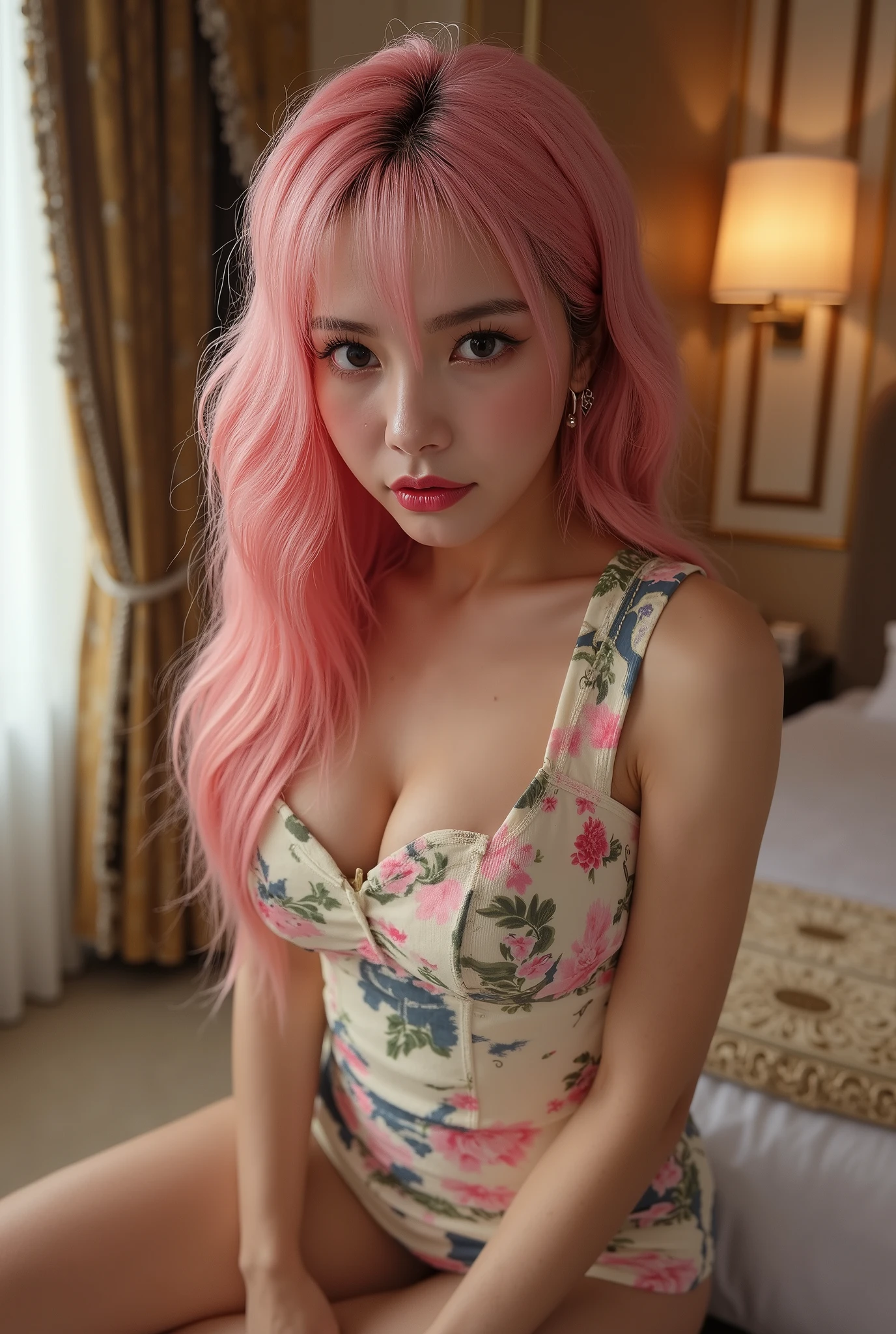 cute smile、pastel pink underwear、lie on the bed