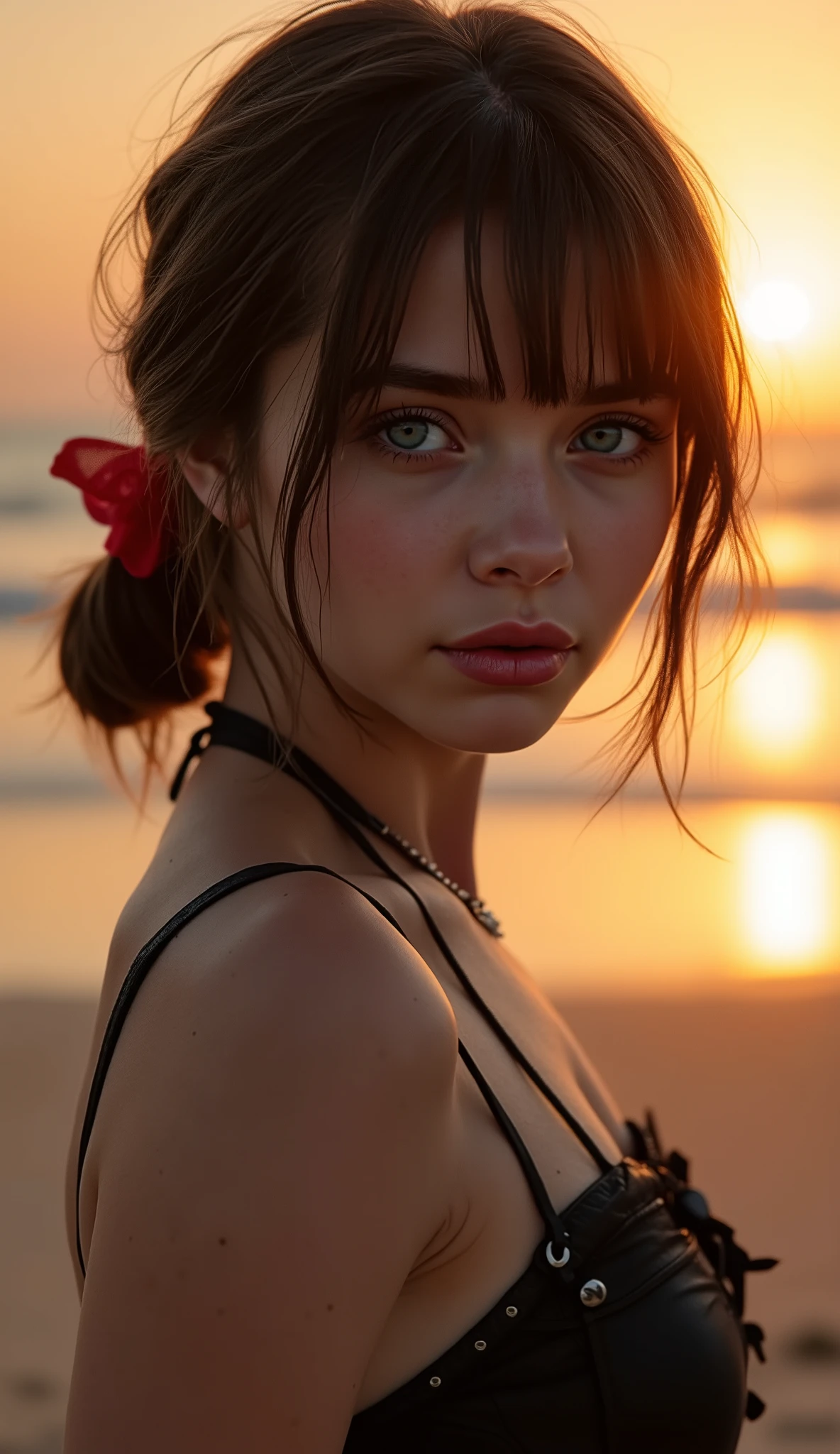 🌟 quality & silent: whole head down to below the chest, three sided view, masterpiece, 8k, ultra high resolution, hyperrealistic, very detailed, natural lighting, SLR lighting, SLR camera , Fujifilm XT3, film grain, Sharp concentration, perfect lighting. 🌌 Scene & background: different backgrounds: A romantic sunset on the beach, with warm, golden hues . A dark, mysterious forest with moonlight, that falls through the trees. A luxurious bedroom with candlelight and silky curtains. Ein urbaner background mit Neonlichtern und regennassen Straßen. 😈 model & Styling: wild girl, black short hair, red Mikimaus bow in the hair, different hairstyles such as ahoge, quin tails, tri tails, pixie cut, expressive hair, single sidelock, hair pulled back, french braid, blunt bangs, streaked hair, flattop , which in various Poses fall loose or styled are, and bright blue eyes , glowing blue eyes, She is wearing a lightweight , leather corset with deep neckline. 🔥 Pose & Mood: Different sensual facial expressions: she looks directly at the camera , with a seductive smile and half-closed eyes. She opens her lips slightly, with a playful and tempting look. She tilts her head slightly to the side, with a dreamy and sensual expression. She looks over her shoulder, with a mysterious and intense look. Die Mood ist sinnlich, seductive and full of emotions. 💋