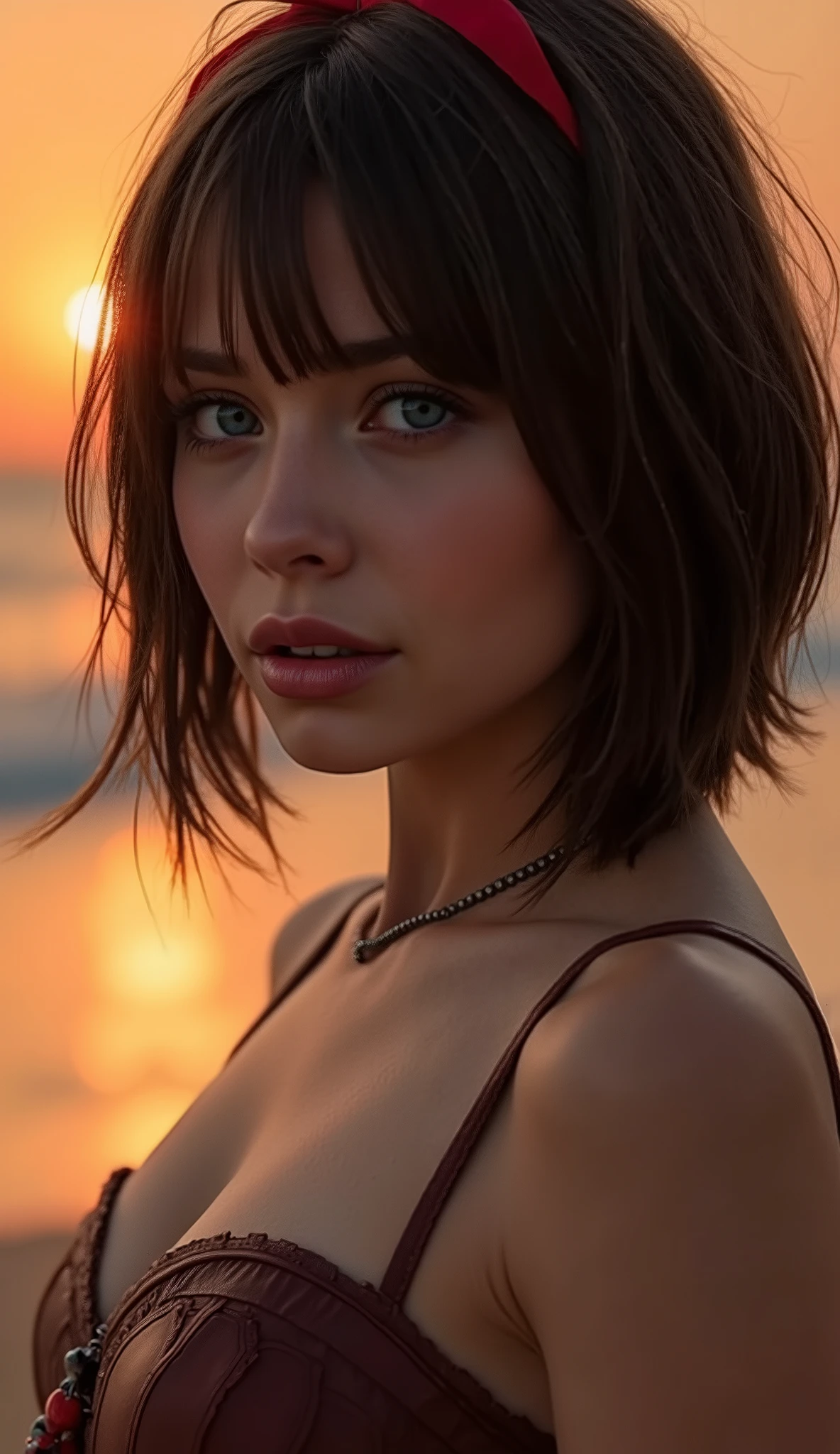 🌟 quality & silent: whole head down to below the chest, three sided view, masterpiece, 8k, ultra high resolution, hyperrealistic, very detailed, natural lighting, SLR lighting, SLR camera , Fujifilm XT3, film grain, Sharp concentration, perfect lighting. 🌌 Scene & background: different backgrounds: A romantic sunset on the beach, with warm, golden hues . A dark, mysterious forest with moonlight, that falls through the trees. A luxurious bedroom with candlelight and silky curtains. Ein urbaner background mit Neonlichtern und regennassen Straßen. 😈 model & Styling: wild girl, black short hair, red Mikimaus bow in the hair, different hairstyles such as ahoge, quin tails, tri tails, pixie cut, expressive hair, single sidelock, hair pulled back, french braid, blunt bangs, streaked hair, flattop , which in various Poses fall loose or styled are, and bright blue eyes , glowing blue eyes, She is wearing a lightweight , leather corset with deep neckline. 🔥 Pose & Mood: Different sensual facial expressions: she looks directly at the camera , with a seductive smile and half-closed eyes. She opens her lips slightly, with a playful and tempting look. She tilts her head slightly to the side, with a dreamy and sensual expression. She looks over her shoulder, with a mysterious and intense look. Die Mood ist sinnlich, seductive and full of emotions. 💋