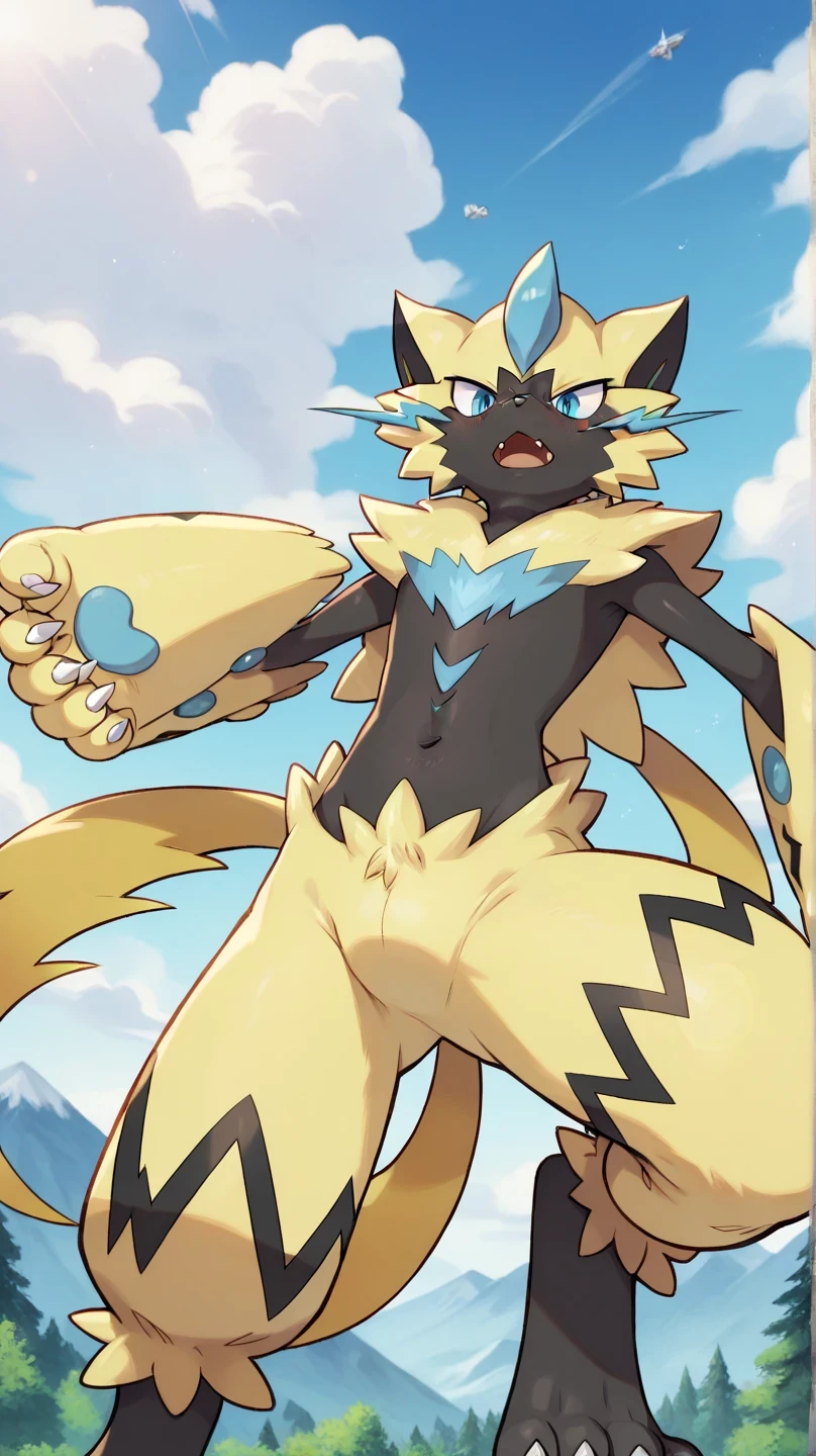 Zeraora Pokémon male , mountains, Sky Blue , nubes blancas , blue sky, in a forest, , aggressive look, WRITE LINES, Bipedal position, Alone, seen from below, looking down, in front, open legs