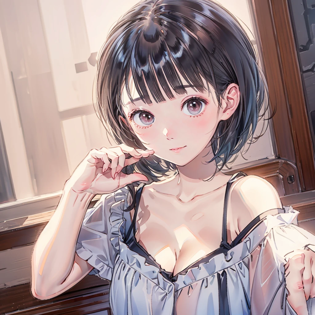 absurdres, RAW photo, extremely delicate and beautiful, masterpiece, Best Quality, ultra high resolution, 32k, hyperrealistic, ultra-detailed, in her 20s, delicate facial features, tearful mole, earring, medium breasts, whole body shot, shorter middle hair, black hair, Sleeveless shirt, shorts,