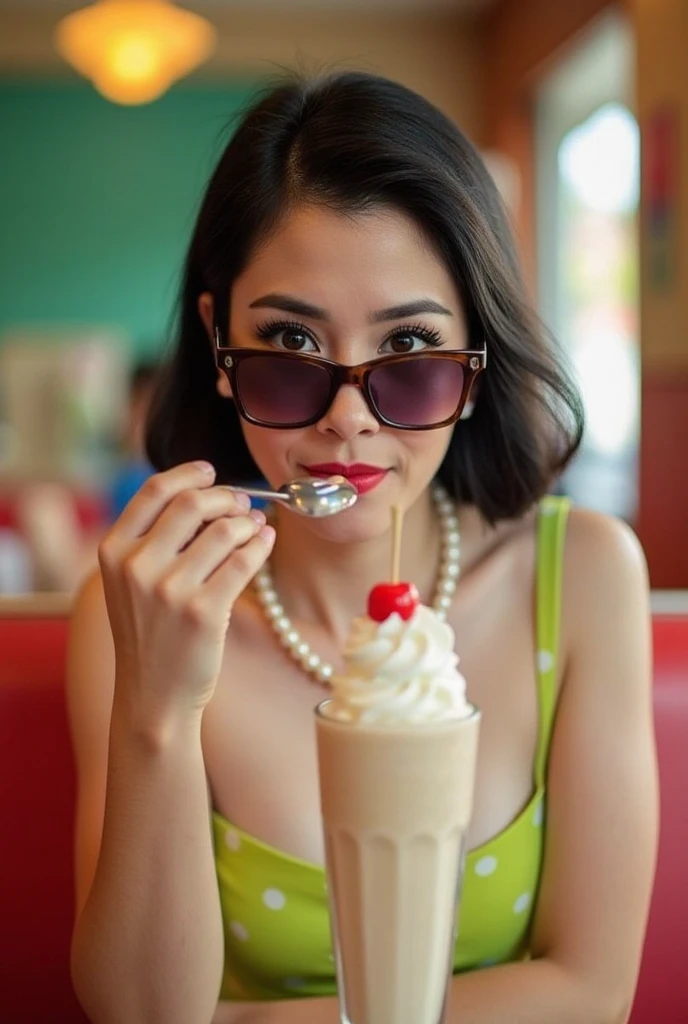 Photo image, Betty Boop, eating lunch at a cafe, wearing mini skirt, pantyhose , stilettos