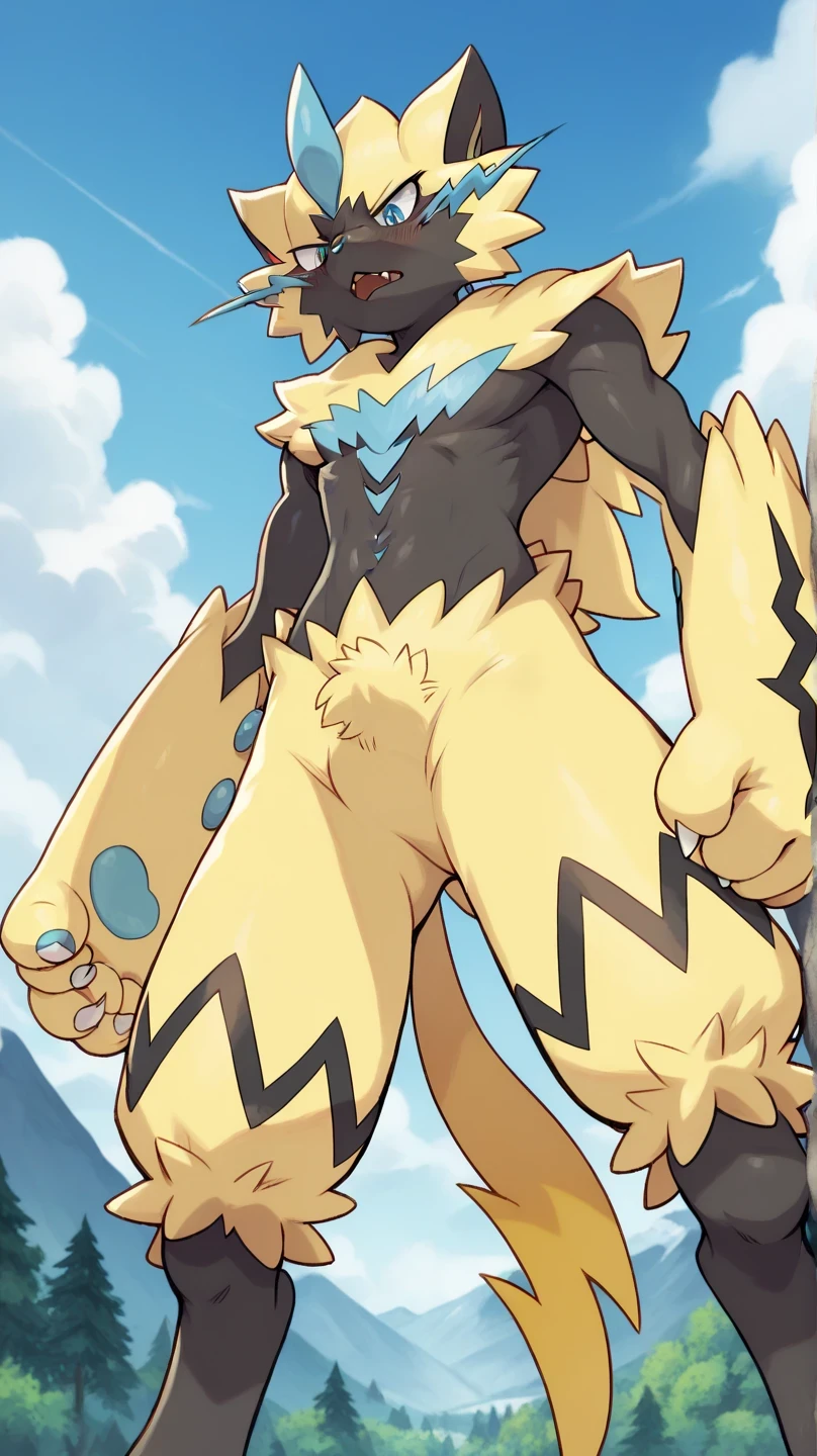 Zeraora Pokémon male , mountains, Sky Blue , nubes blancas , blue sky, in a forest, , aggressive look, WRITE LINES, Bipedal position, Alone, seen from below, looking down, in front, open legs